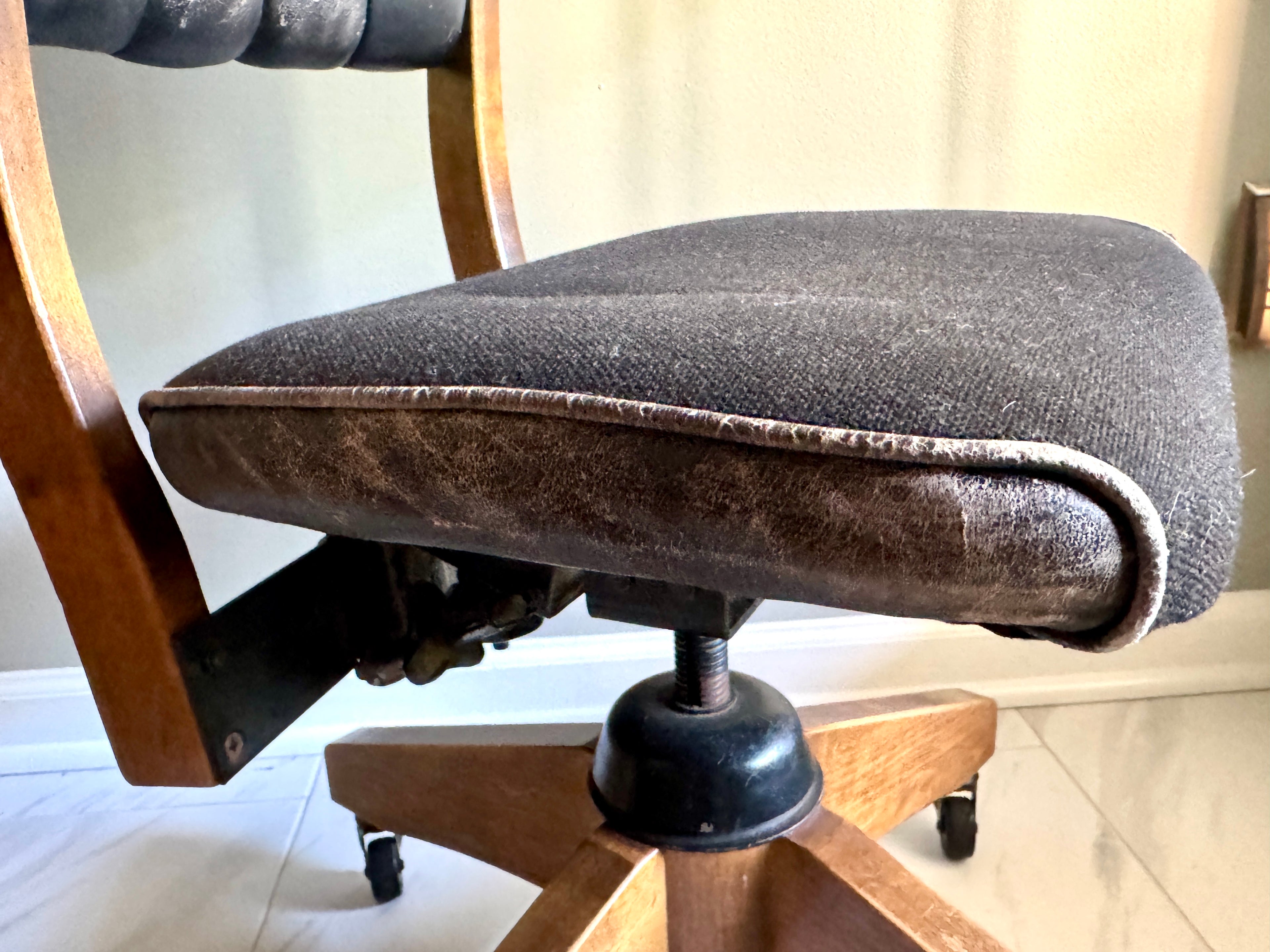 1960's Gunlocke Co Inc Leather and Wood Swivel Chair ~ Gunlocke Wooden Office Chair