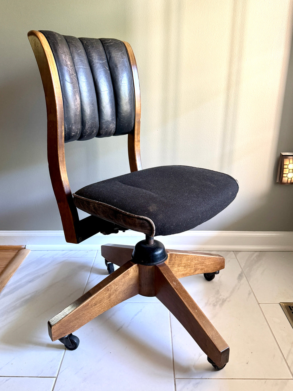 1960's Gunlocke Co Inc Leather and Wood Swivel Chair ~ Gunlocke Wooden Office Chair