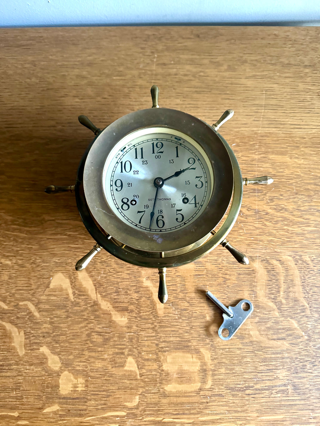Vintage Nautical Seth Thomas Helmsman-W Clock | Brass Seth Thomas E537-001 Ship's Clock | Ship's Wheel Clock | Distressed MCM Nautical Clock