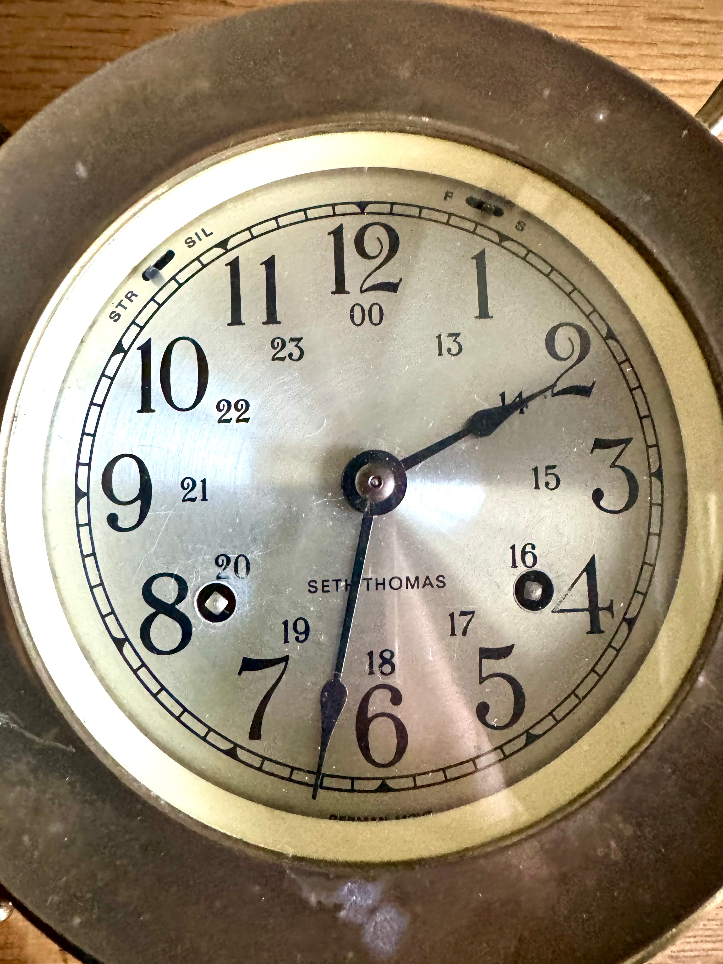 Vintage Nautical Seth Thomas Helmsman-W Clock | Brass Seth Thomas E537-001 Ship's Clock | Ship's Wheel Clock | Distressed MCM Nautical Clock