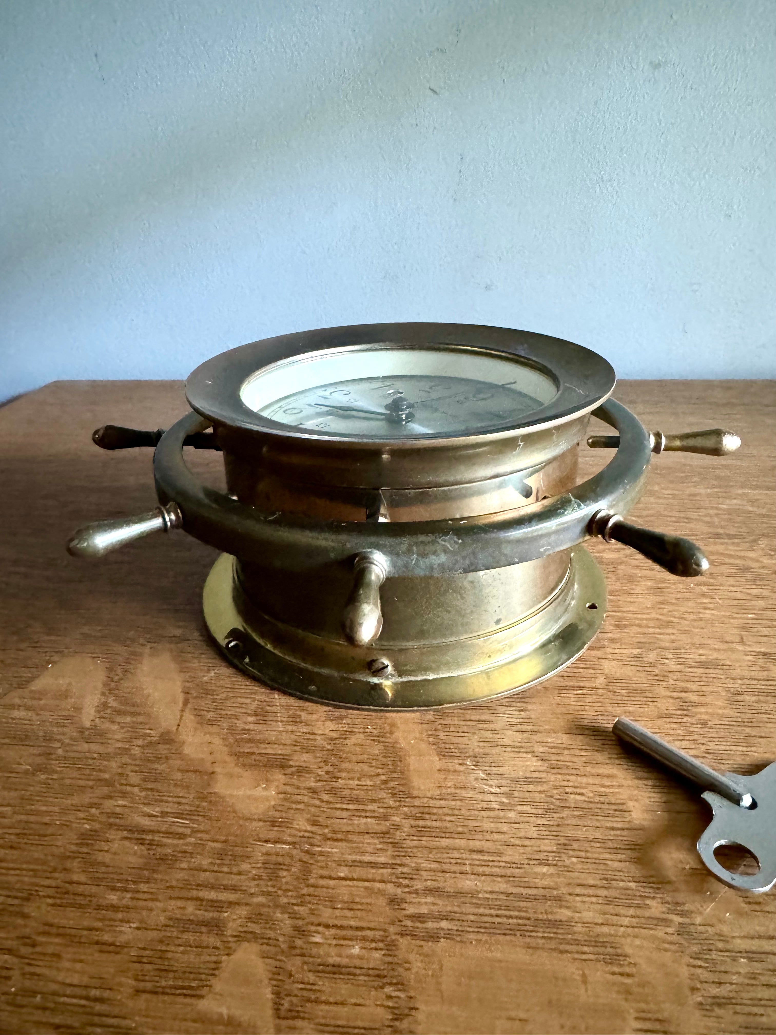 Vintage Nautical Seth Thomas Helmsman-W Clock | Brass Seth Thomas E537-001 Ship's Clock | Ship's Wheel Clock | Distressed MCM Nautical Clock