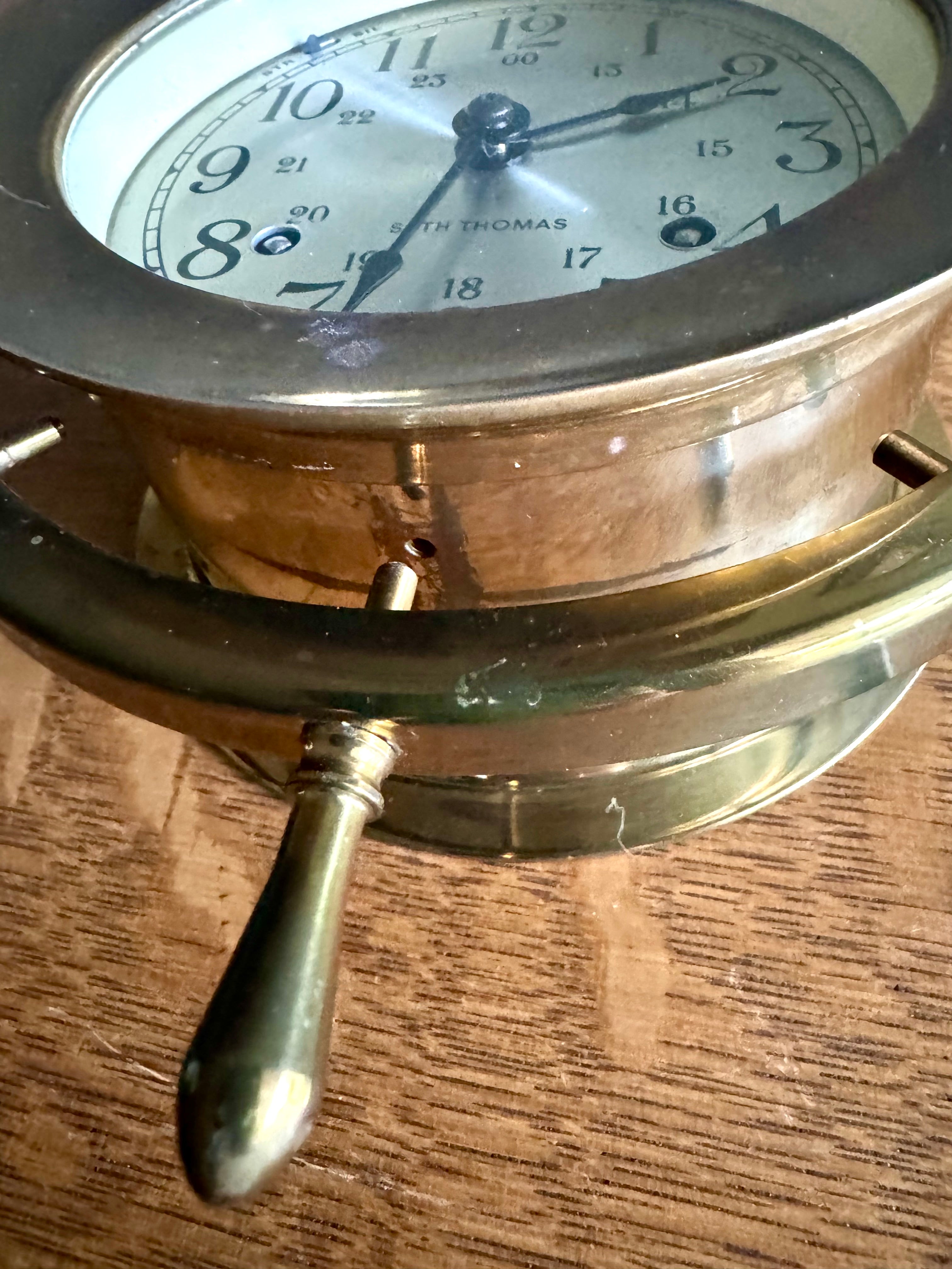 Vintage Nautical Seth Thomas Helmsman-W Clock | Brass Seth Thomas E537-001 Ship's Clock | Ship's Wheel Clock | Distressed MCM Nautical Clock