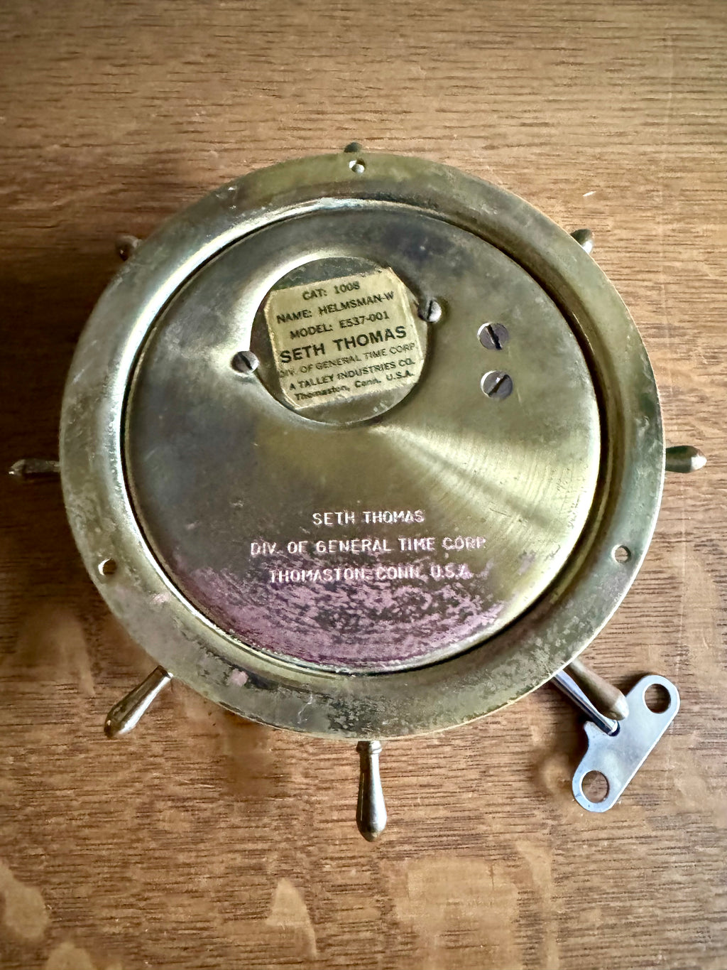 Vintage Nautical Seth Thomas Helmsman-W Clock | Brass Seth Thomas E537-001 Ship's Clock | Ship's Wheel Clock | Distressed MCM Nautical Clock