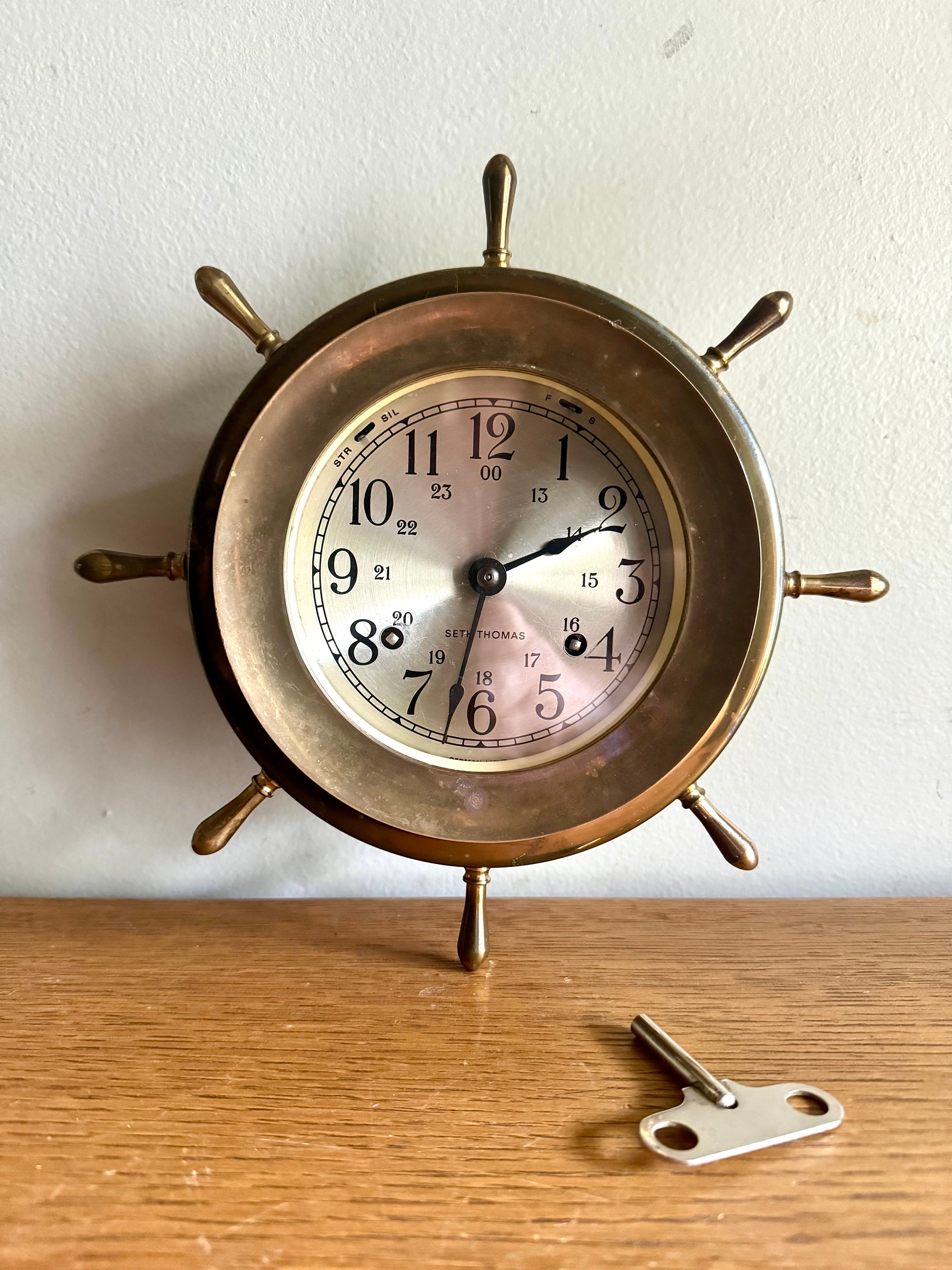 Vintage Nautical Seth Thomas Helmsman-W Clock | Brass Seth Thomas E537-001 Ship's Clock | Ship's Wheel Clock | Distressed MCM Nautical Clock