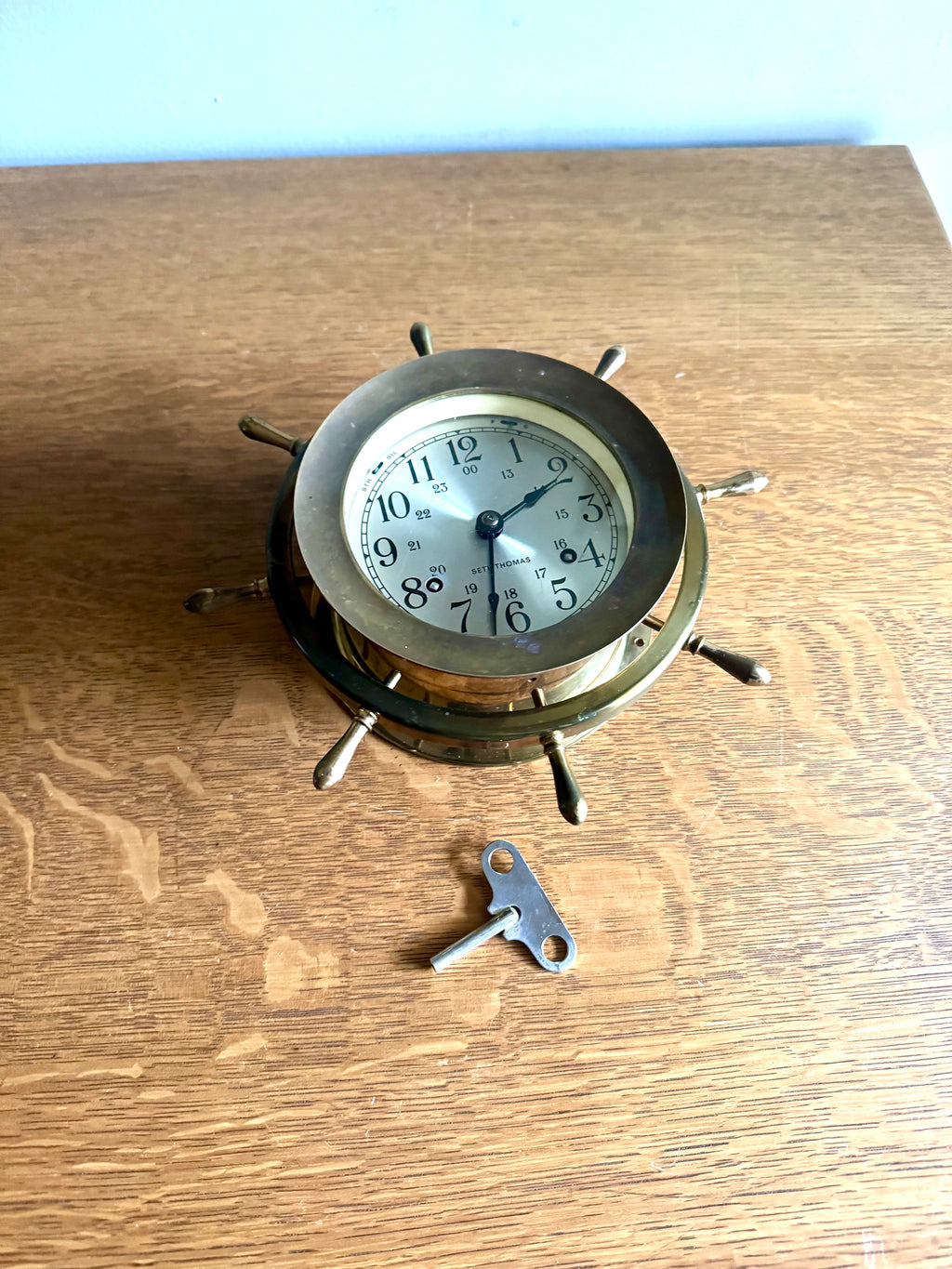 Vintage Nautical Seth Thomas Helmsman-W Clock | Brass Seth Thomas E537-001 Ship's Clock | Ship's Wheel Clock | Distressed MCM Nautical Clock