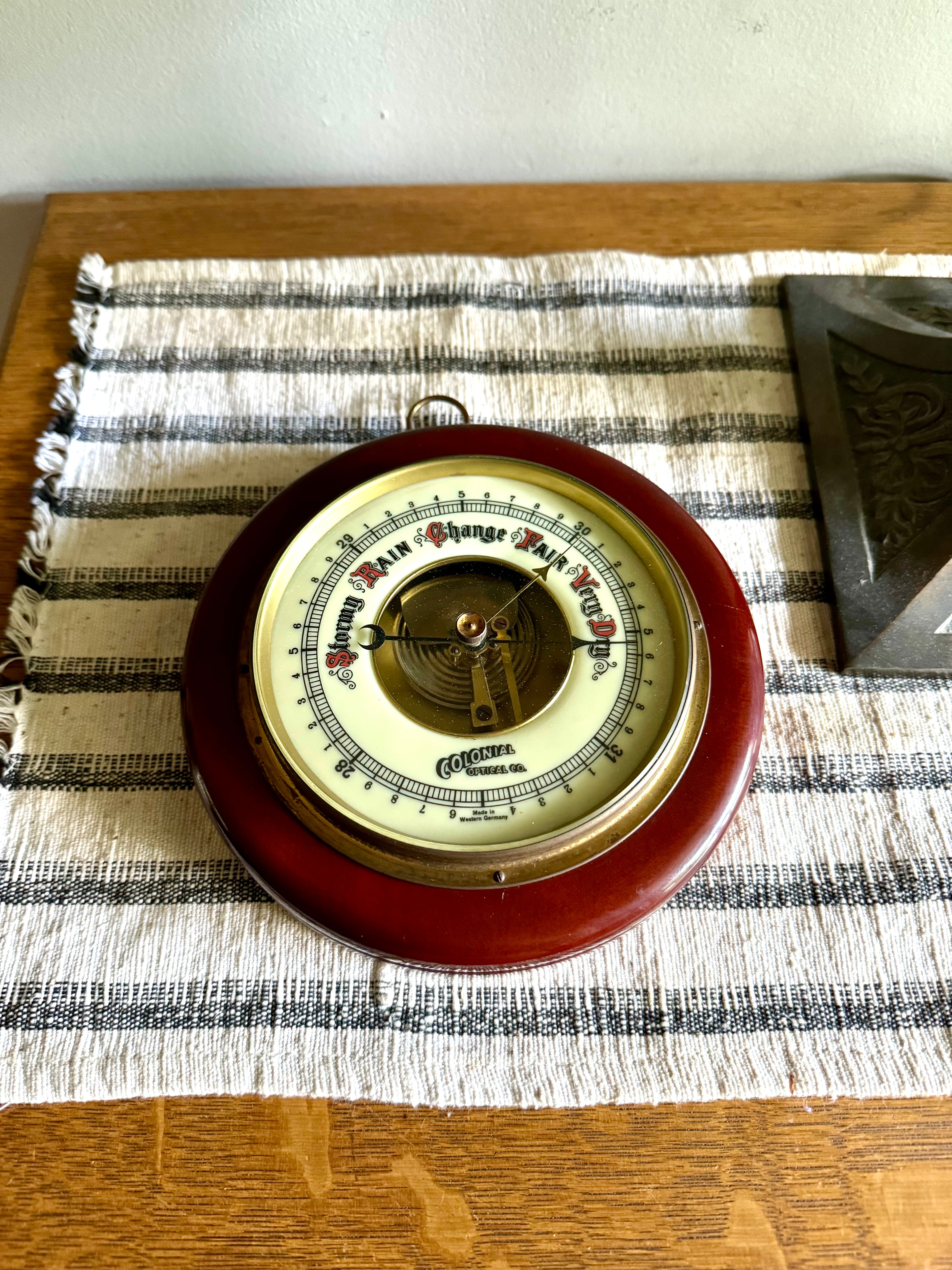 Vintage SFV Huger Barometer | West Germany Mahogany and Brass Barometer | Colonial Optical Co. Round Barometer | W.German Weather Instrument