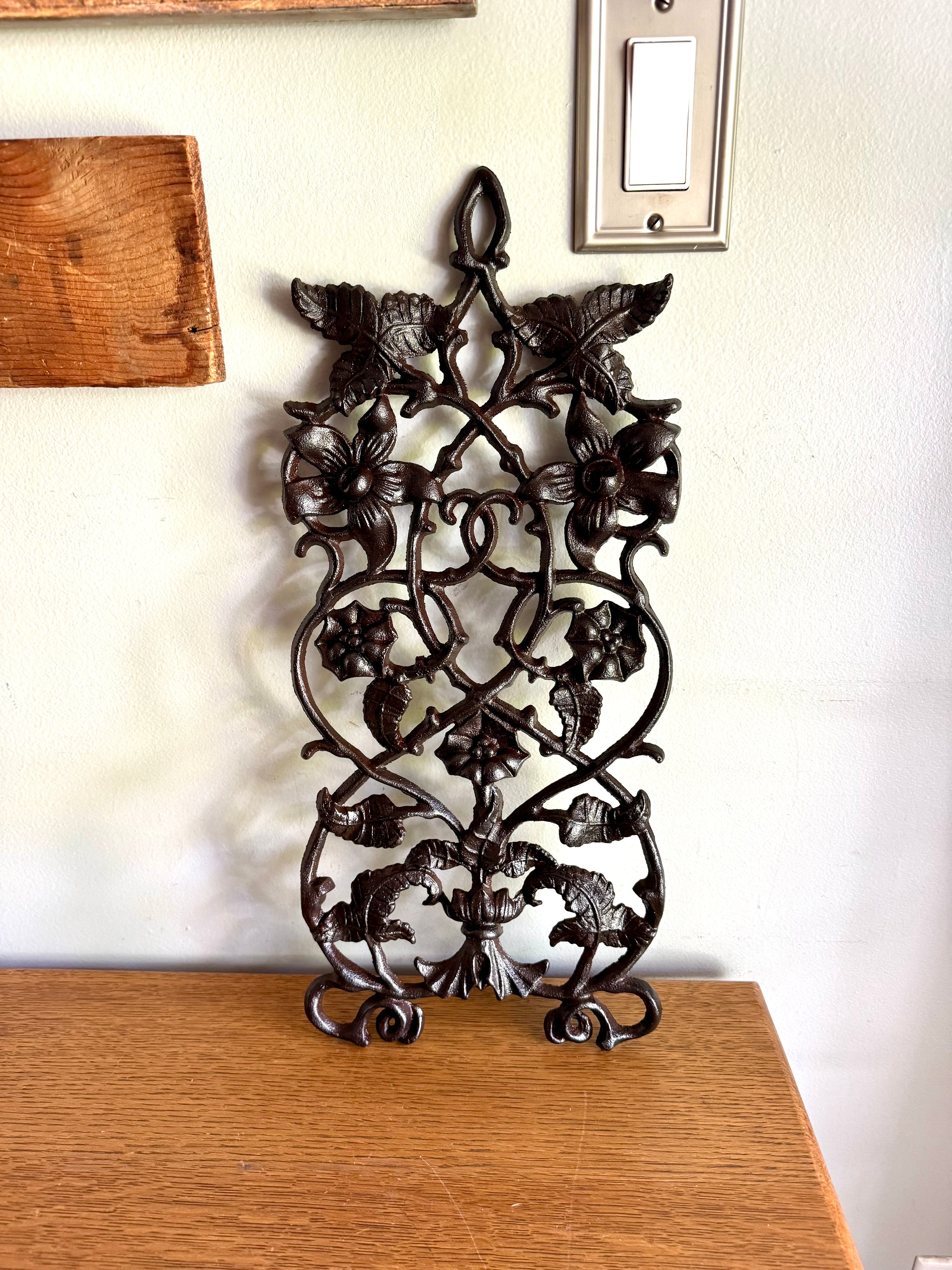 Vintage Cast Iron Floral Design Wall Hanging | Cast Iron Floral Scroll Work Ornamental Wall Hanging | Scrolled Cast Iron Floral Wall Decor