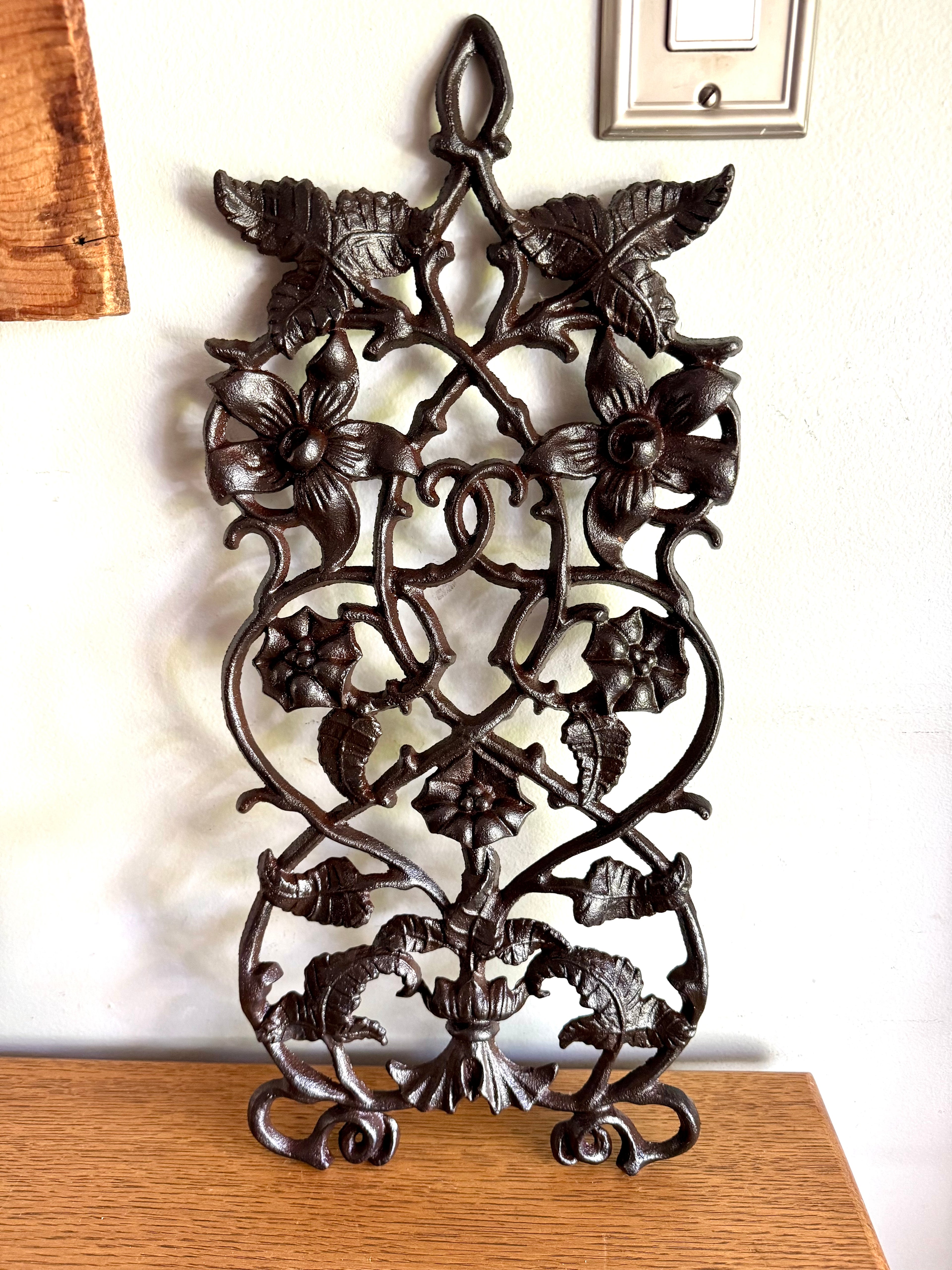 Vintage Cast Iron Floral Design Wall Hanging | Cast Iron Floral Scroll Work Ornamental Wall Hanging | Scrolled Cast Iron Floral Wall Decor