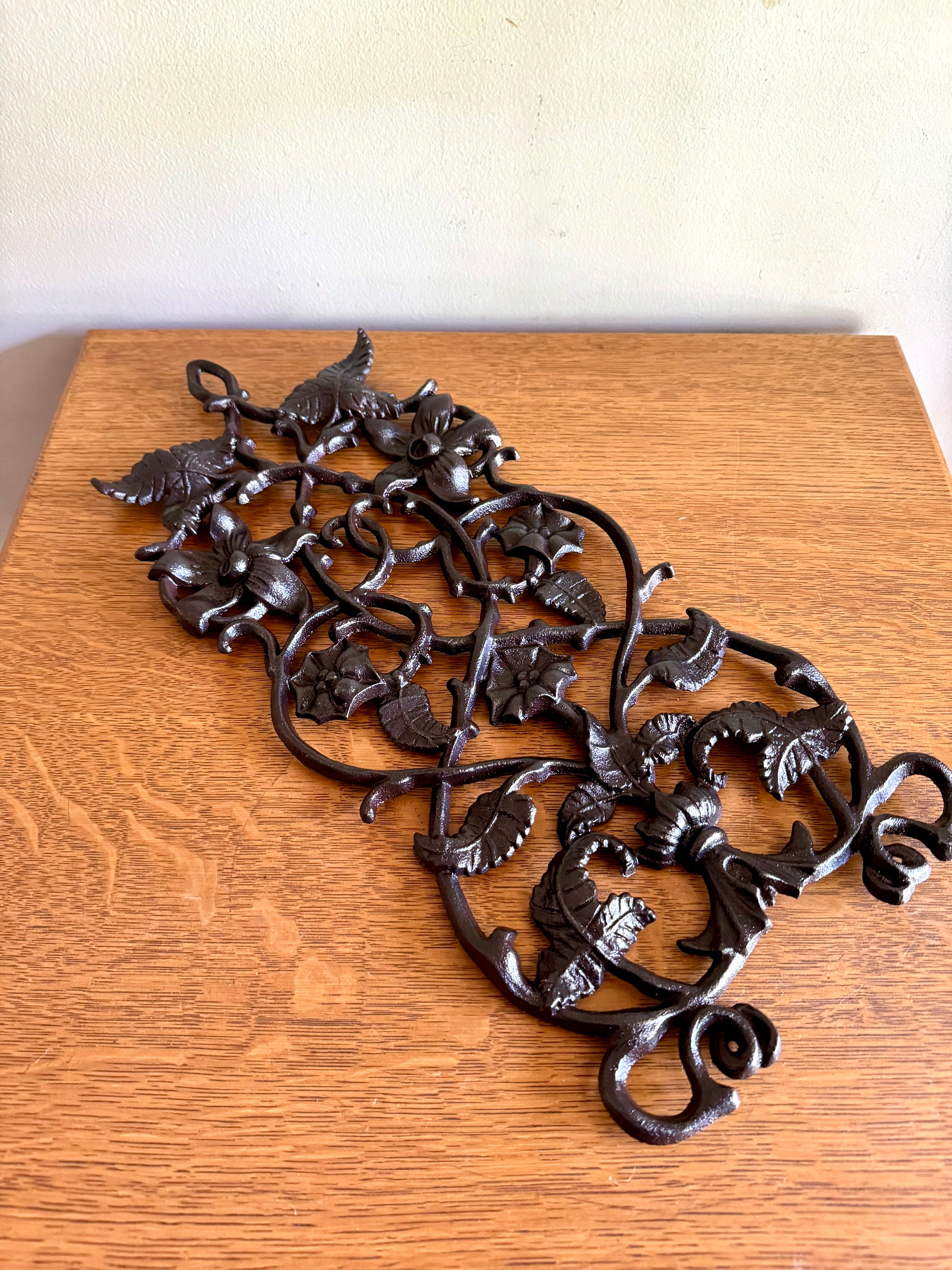 Vintage Cast Iron Floral Design Wall Hanging | Cast Iron Floral Scroll Work Ornamental Wall Hanging | Scrolled Cast Iron Floral Wall Decor