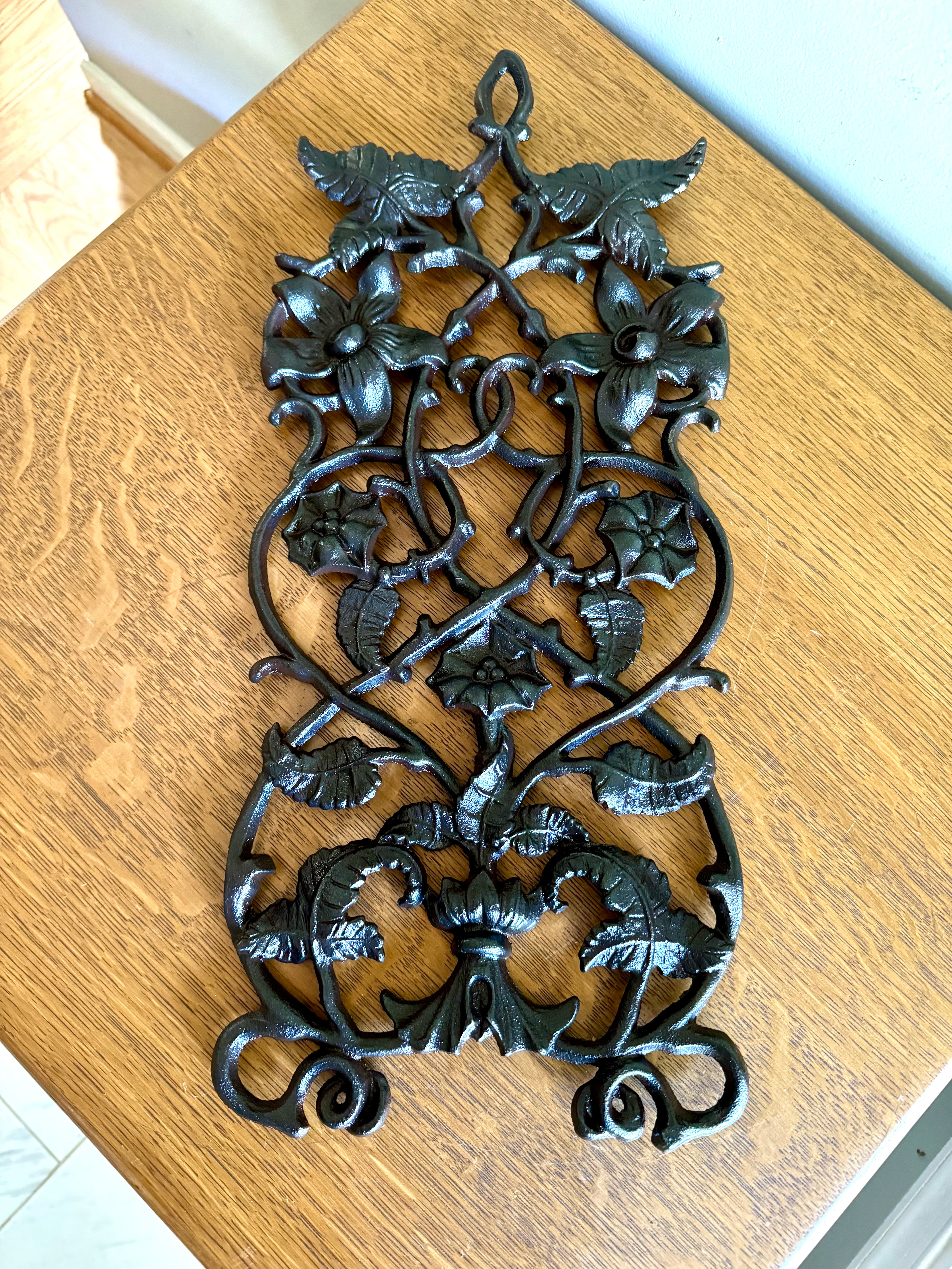 Vintage Cast Iron Floral Design Wall Hanging | Cast Iron Floral Scroll Work Ornamental Wall Hanging | Scrolled Cast Iron Floral Wall Decor