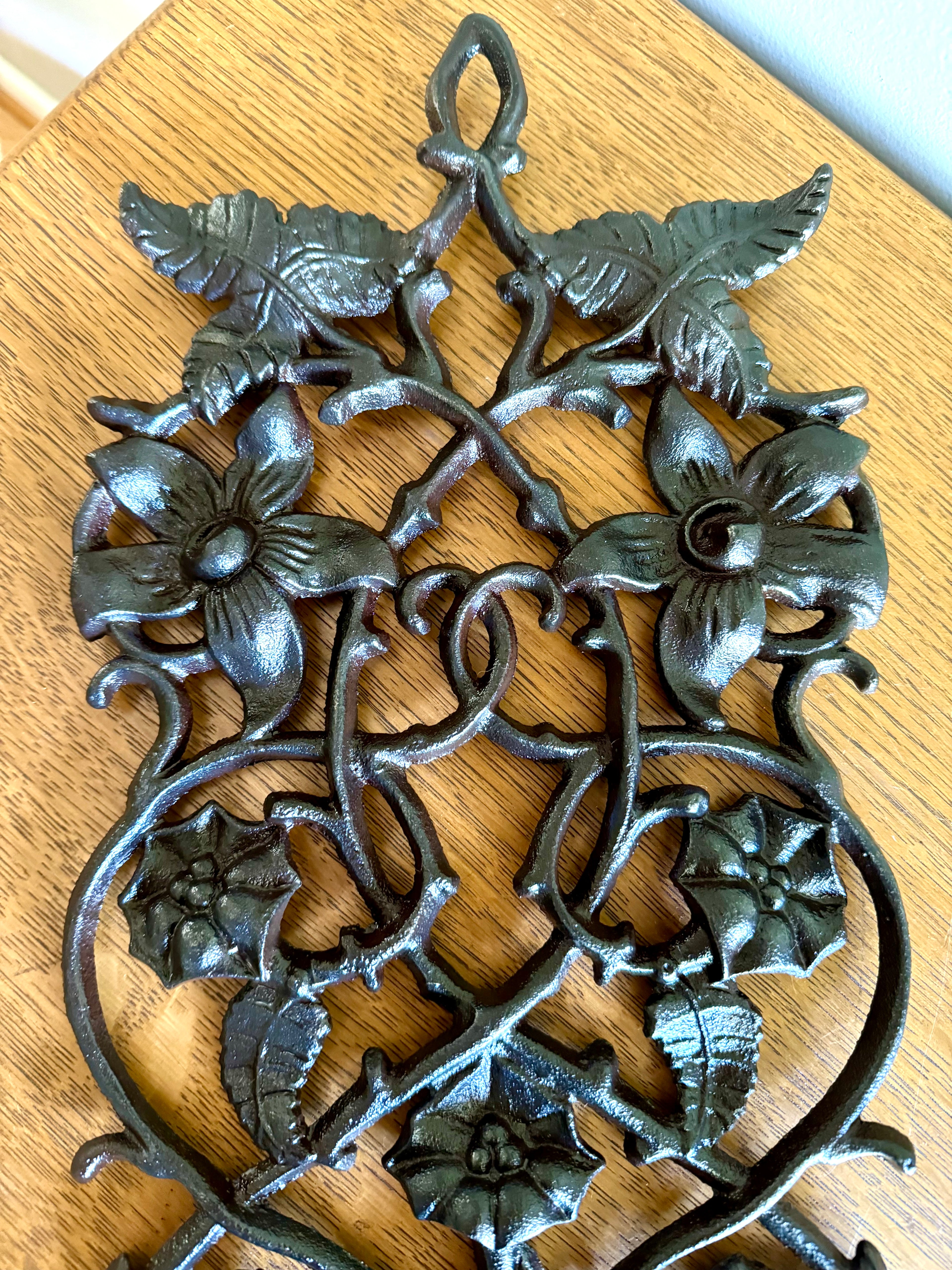 Vintage Cast Iron Floral Design Wall Hanging | Cast Iron Floral Scroll Work Ornamental Wall Hanging | Scrolled Cast Iron Floral Wall Decor