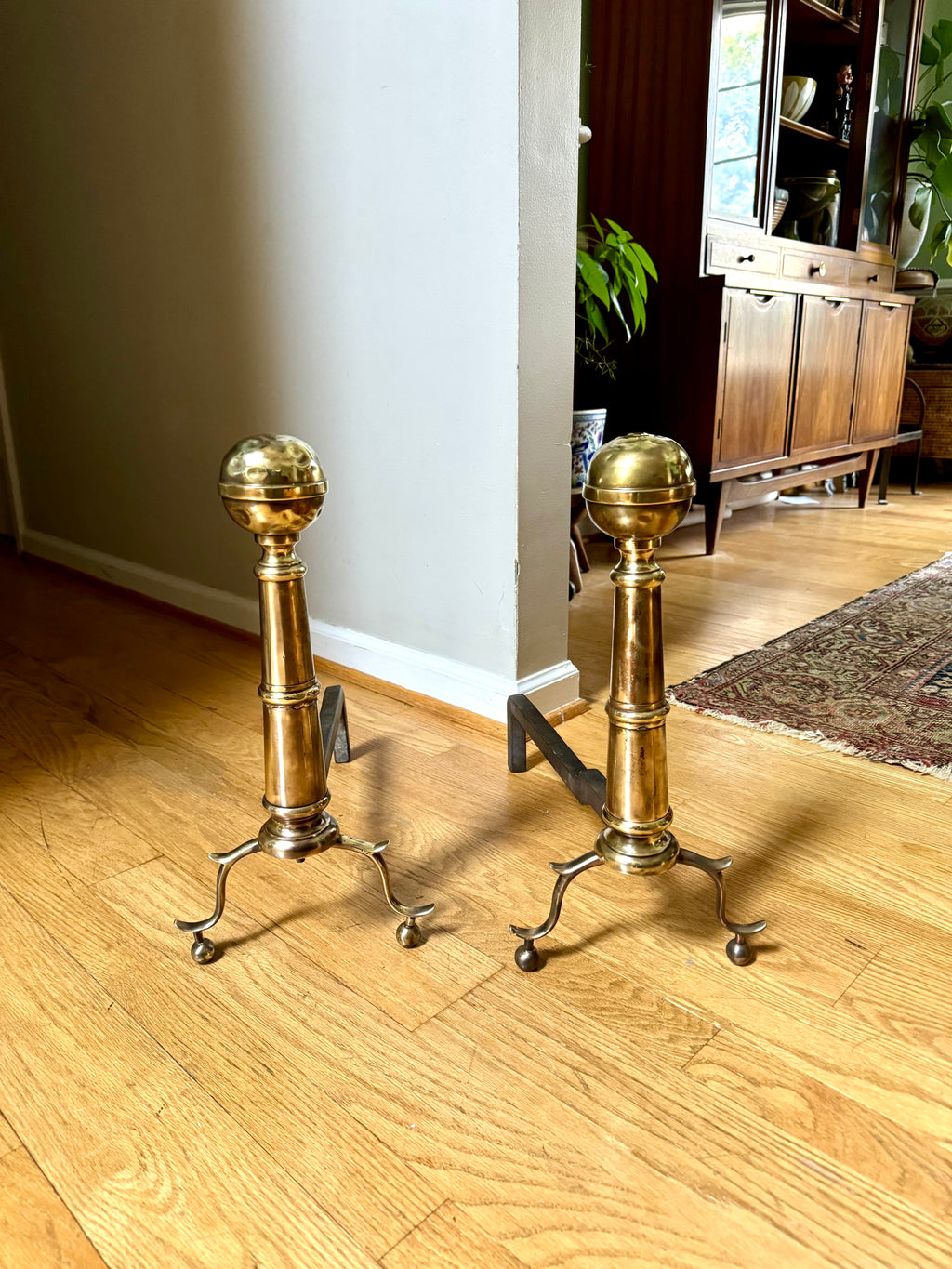 Distressed Brass Cannonball Andirons | Distressed Brass Cannonball Andirons| Pair Of Rustic Andirons| Patina Brass Firedogs| Rustic Andirons