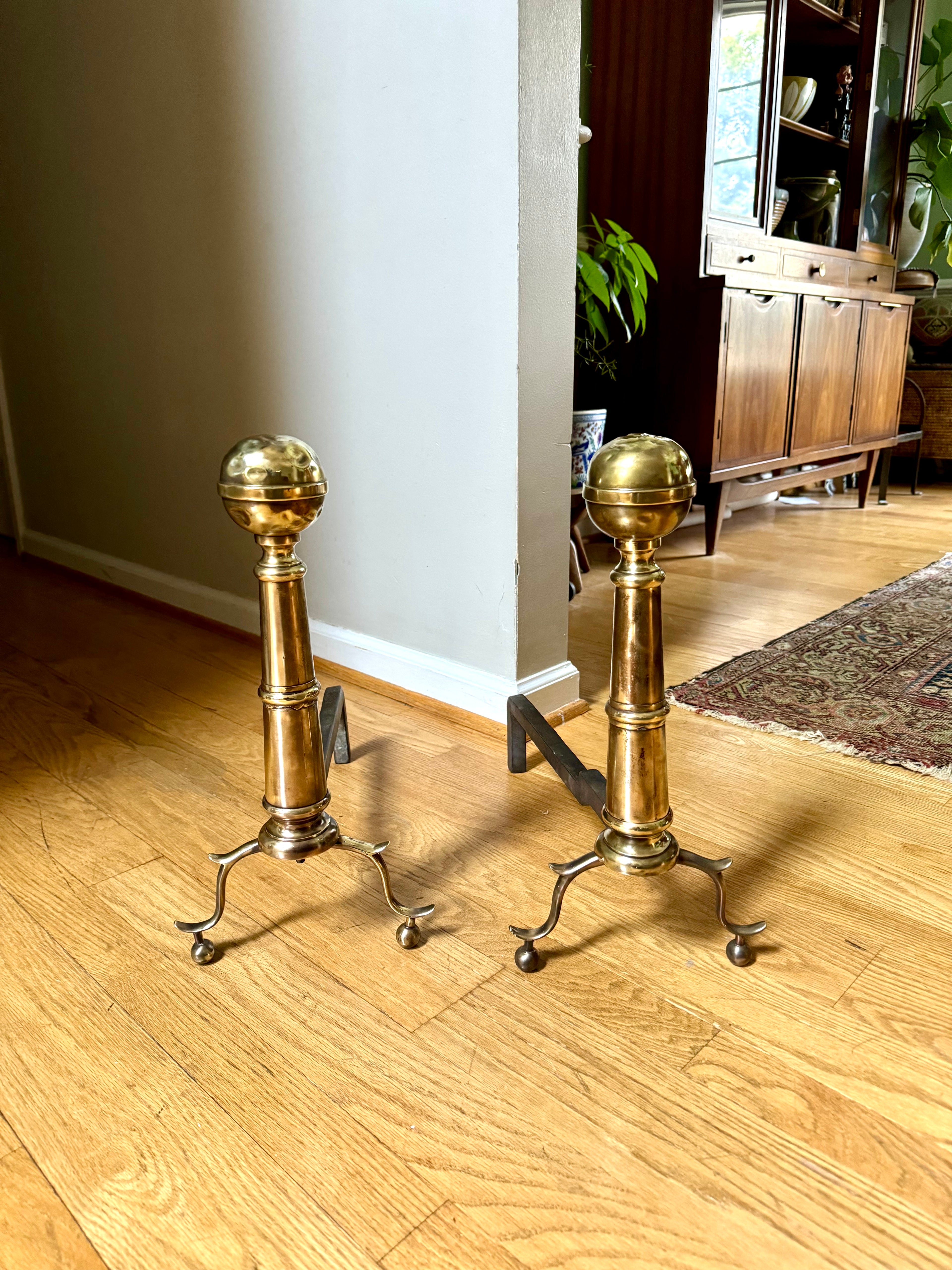 Distressed Brass Cannonball Andirons | Distressed Brass Cannonball Andirons| Pair Of Rustic Andirons| Patina Brass Firedogs| Rustic Andirons