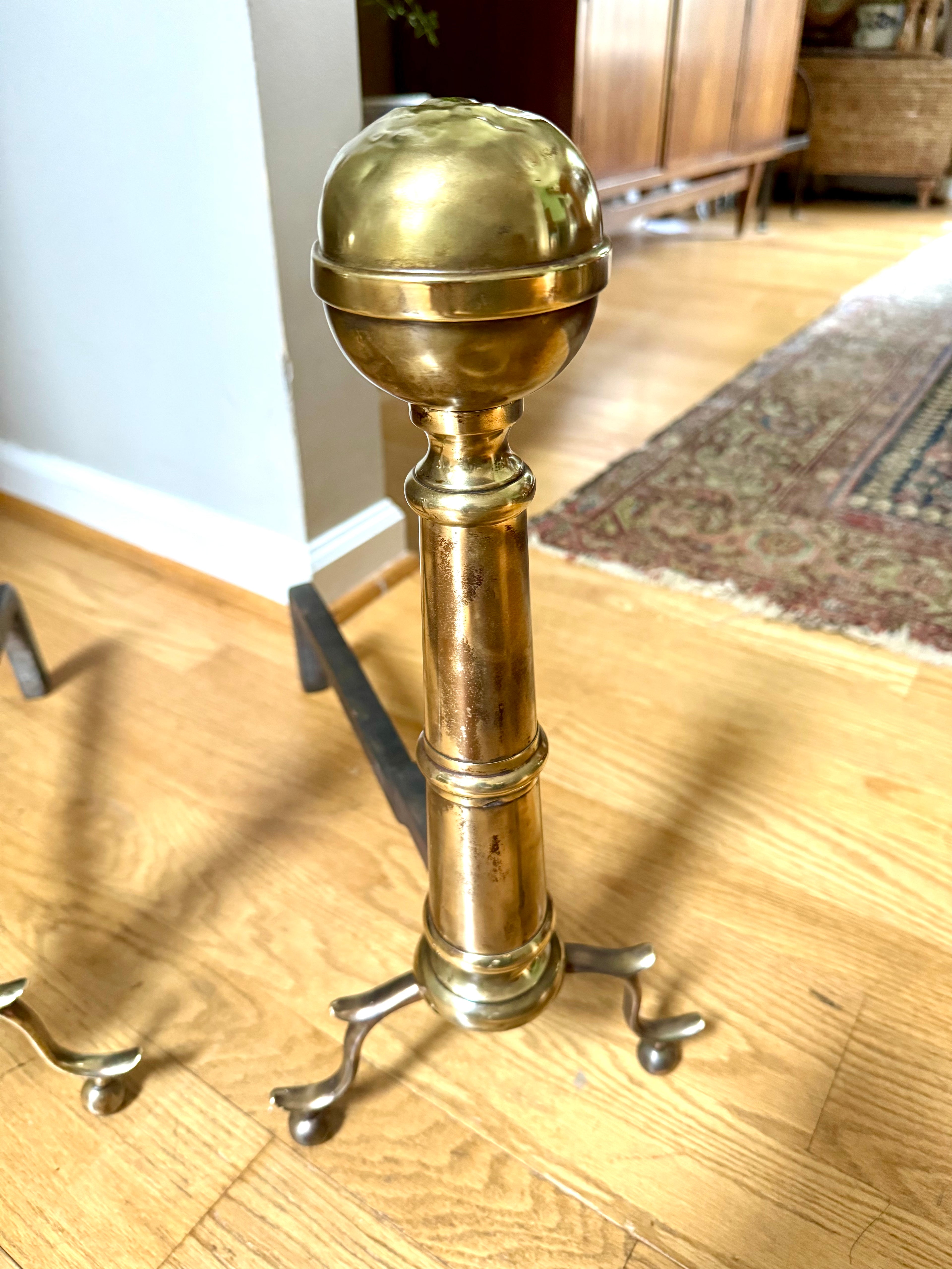 Distressed Brass Cannonball Andirons | Distressed Brass Cannonball Andirons| Pair Of Rustic Andirons| Patina Brass Firedogs| Rustic Andirons