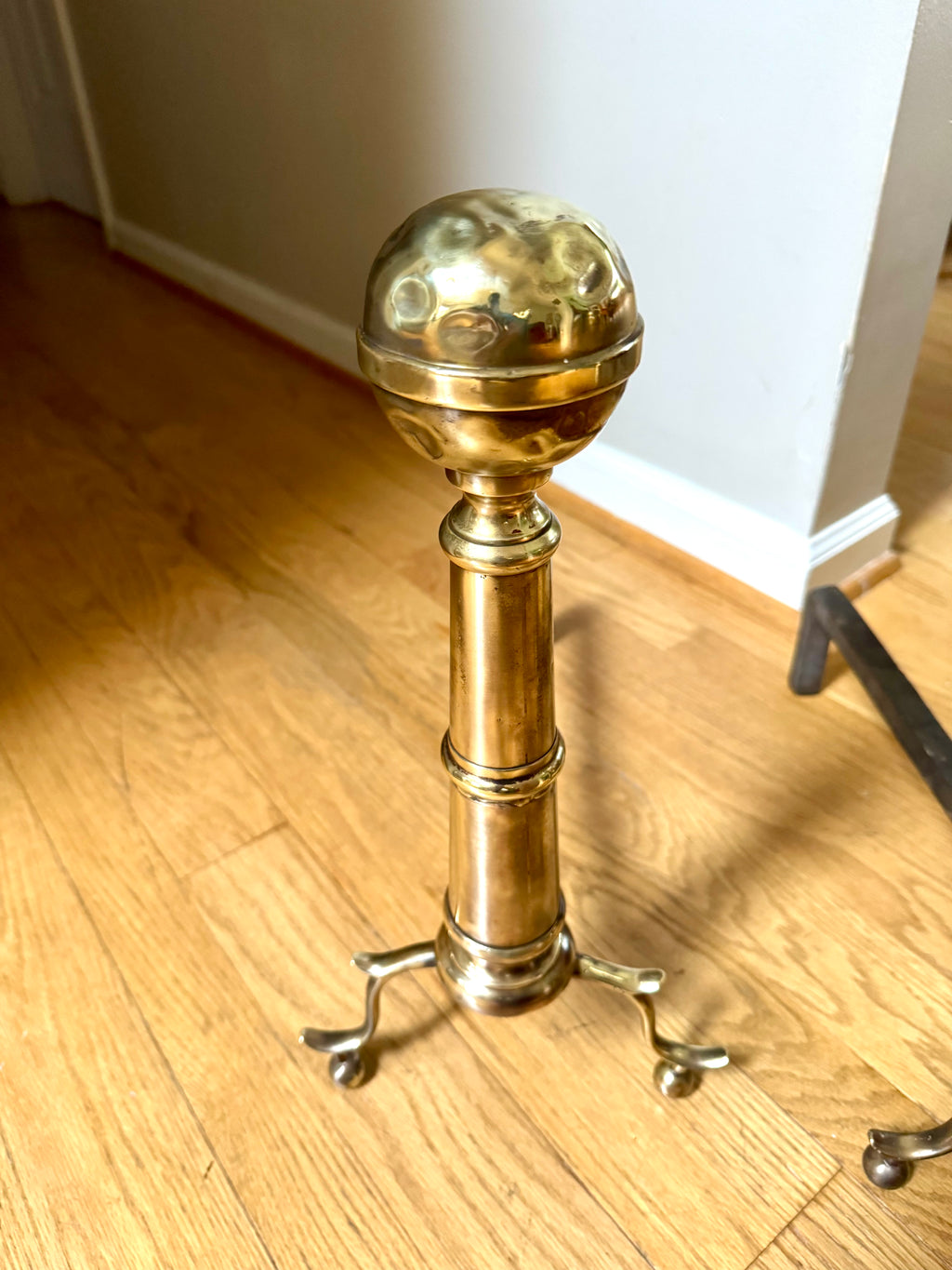 Distressed Brass Cannonball Andirons | Distressed Brass Cannonball Andirons| Pair Of Rustic Andirons| Patina Brass Firedogs| Rustic Andirons