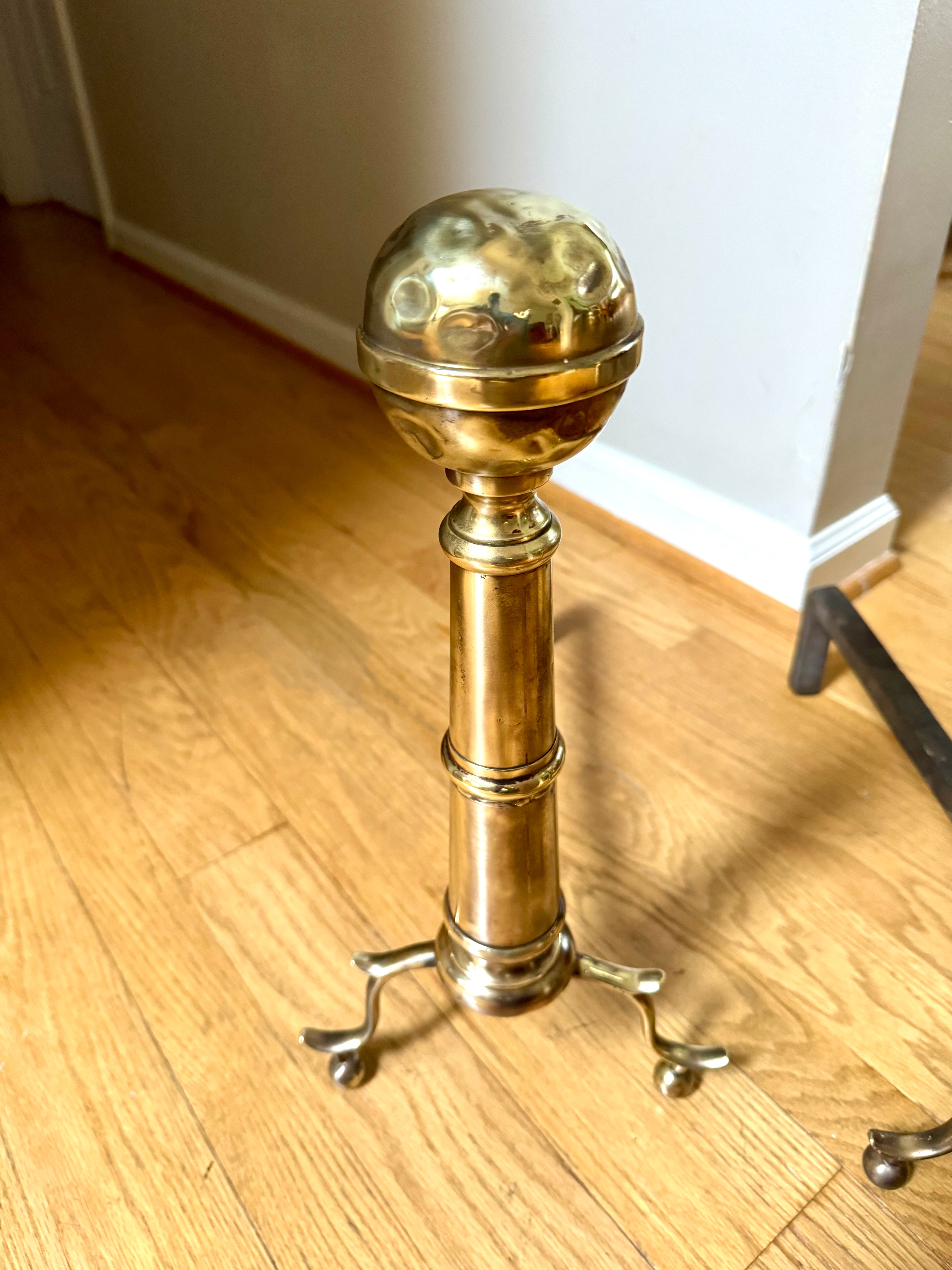 Distressed Brass Cannonball Andirons | Distressed Brass Cannonball Andirons| Pair Of Rustic Andirons| Patina Brass Firedogs| Rustic Andirons