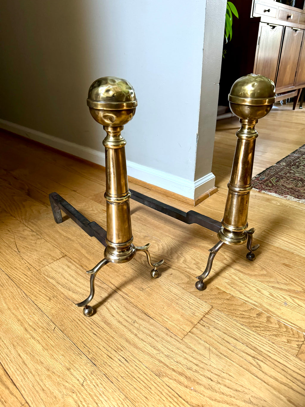 Distressed Brass Cannonball Andirons | Distressed Brass Cannonball Andirons| Pair Of Rustic Andirons| Patina Brass Firedogs| Rustic Andirons