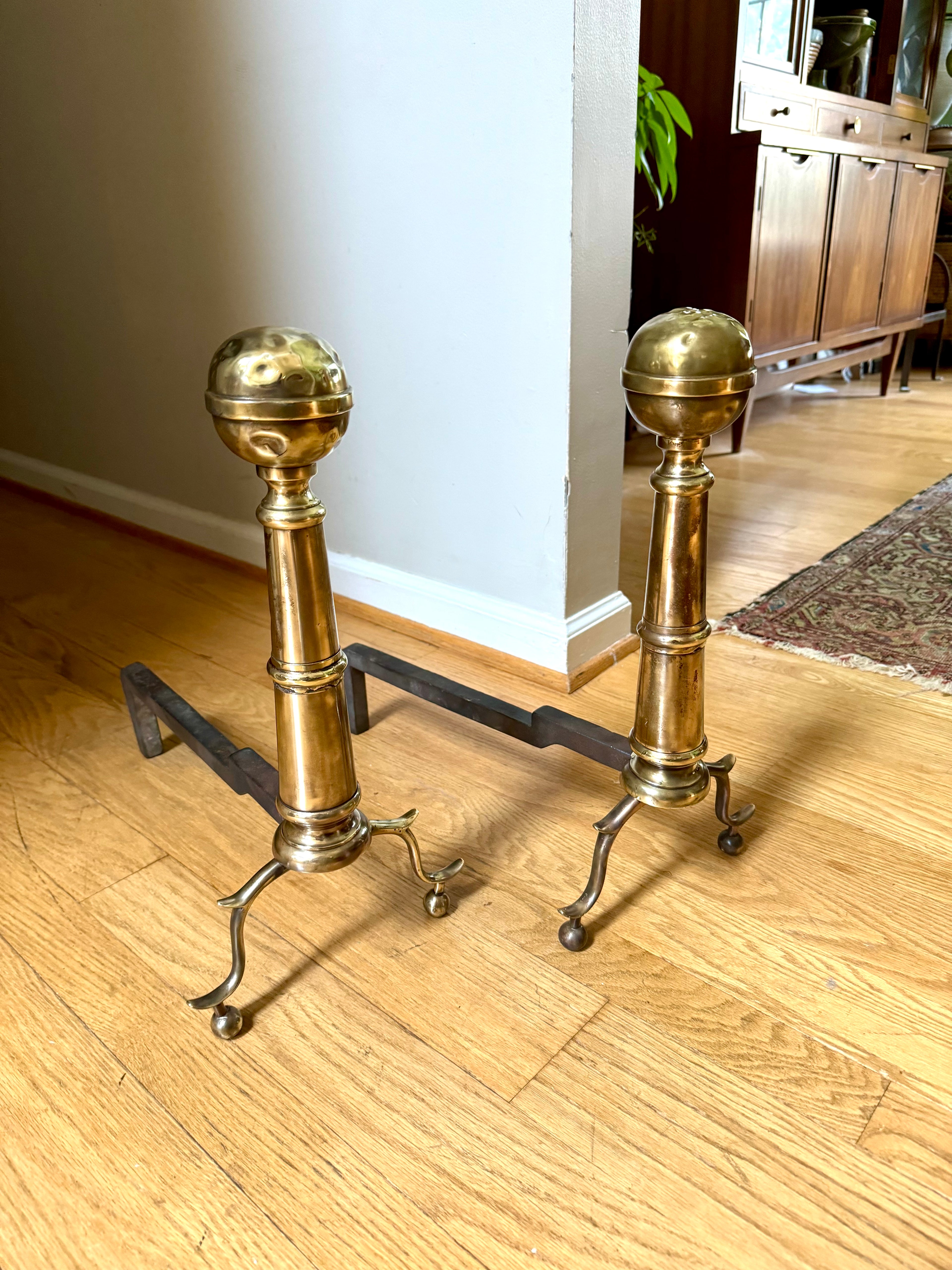 Distressed Brass Cannonball Andirons | Distressed Brass Cannonball Andirons| Pair Of Rustic Andirons| Patina Brass Firedogs| Rustic Andirons