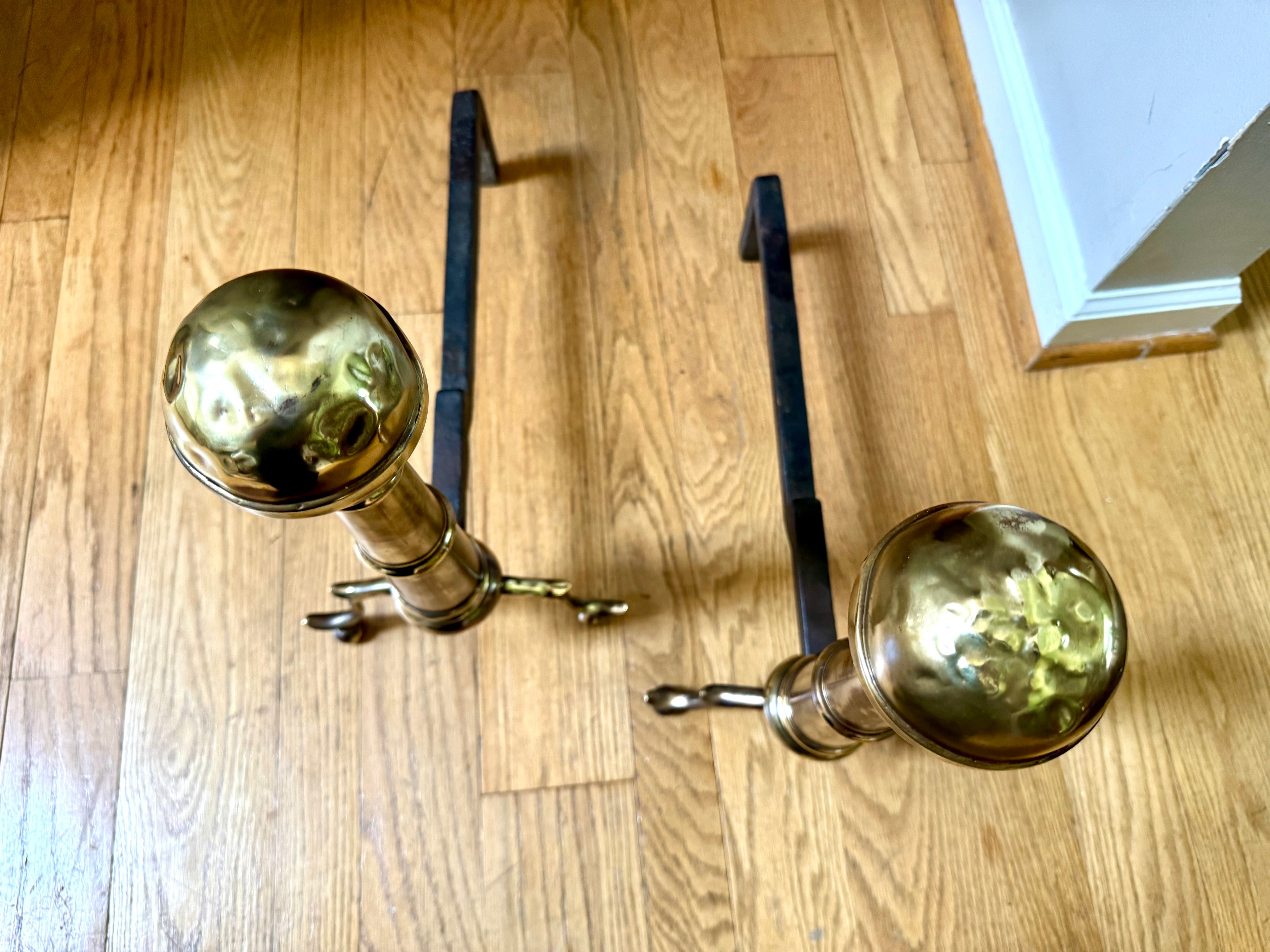 Distressed Brass Cannonball Andirons | Distressed Brass Cannonball Andirons| Pair Of Rustic Andirons| Patina Brass Firedogs| Rustic Andirons