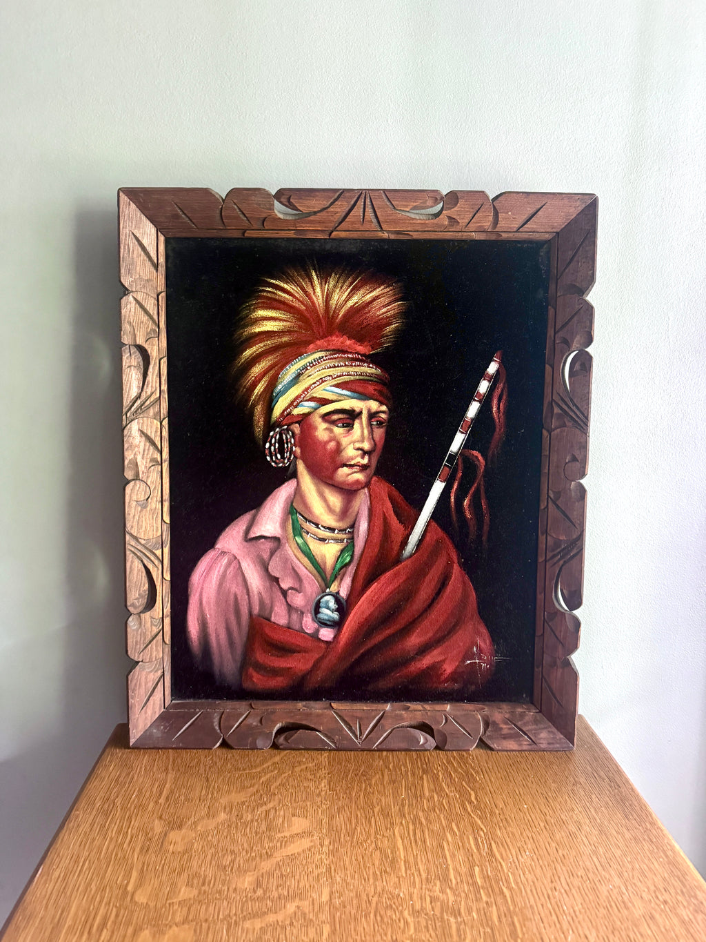 Vtg "No Heart" (Nan-che-ning-ga) Framed Velvet Painting ~ Ioway Chief Velvet Painting