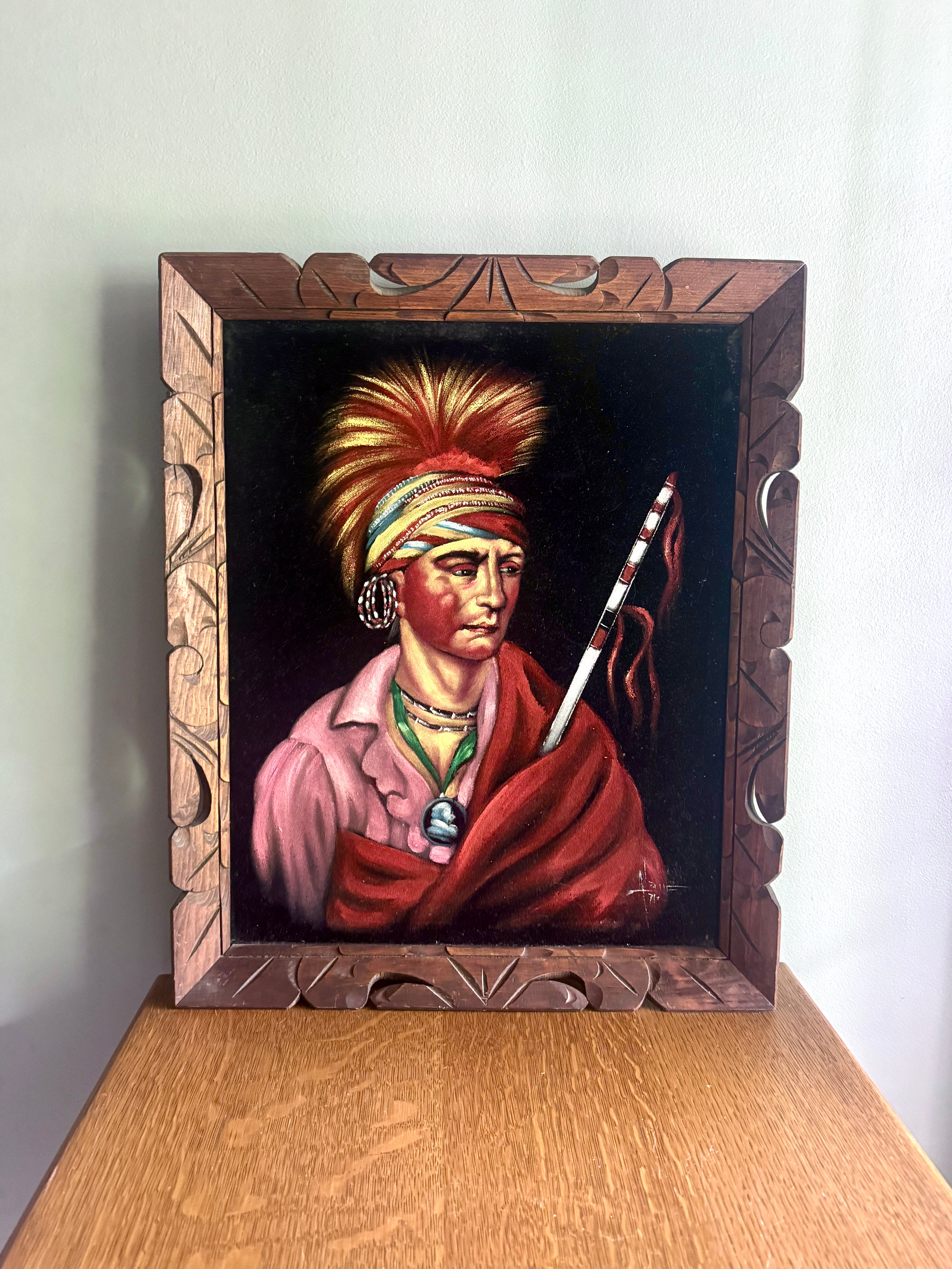 Vtg "No Heart" (Nan-che-ning-ga) Framed Velvet Painting ~ Ioway Chief Velvet Painting