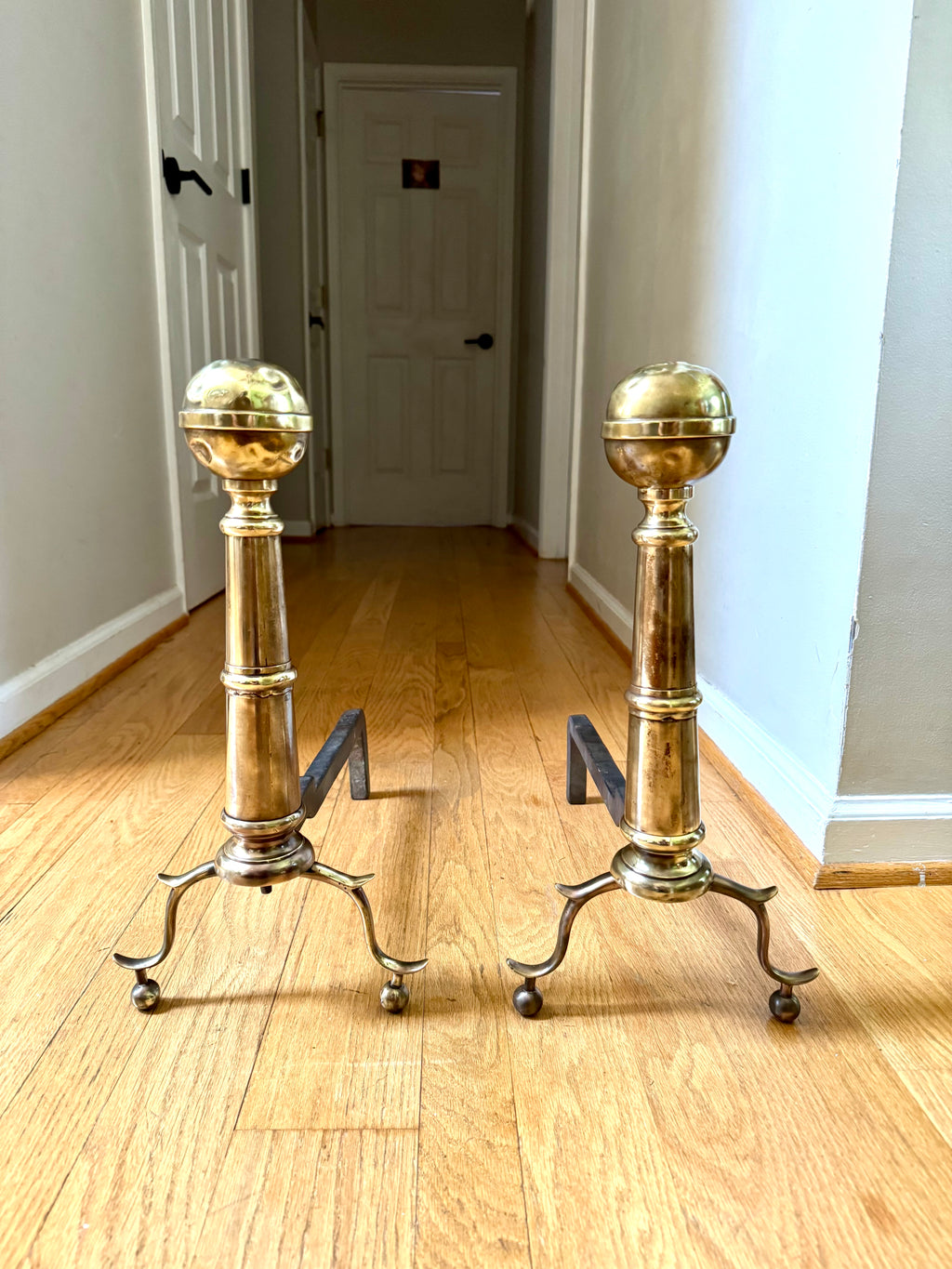 Distressed Brass Cannonball Andirons | Distressed Brass Cannonball Andirons| Pair Of Rustic Andirons| Patina Brass Firedogs| Rustic Andirons