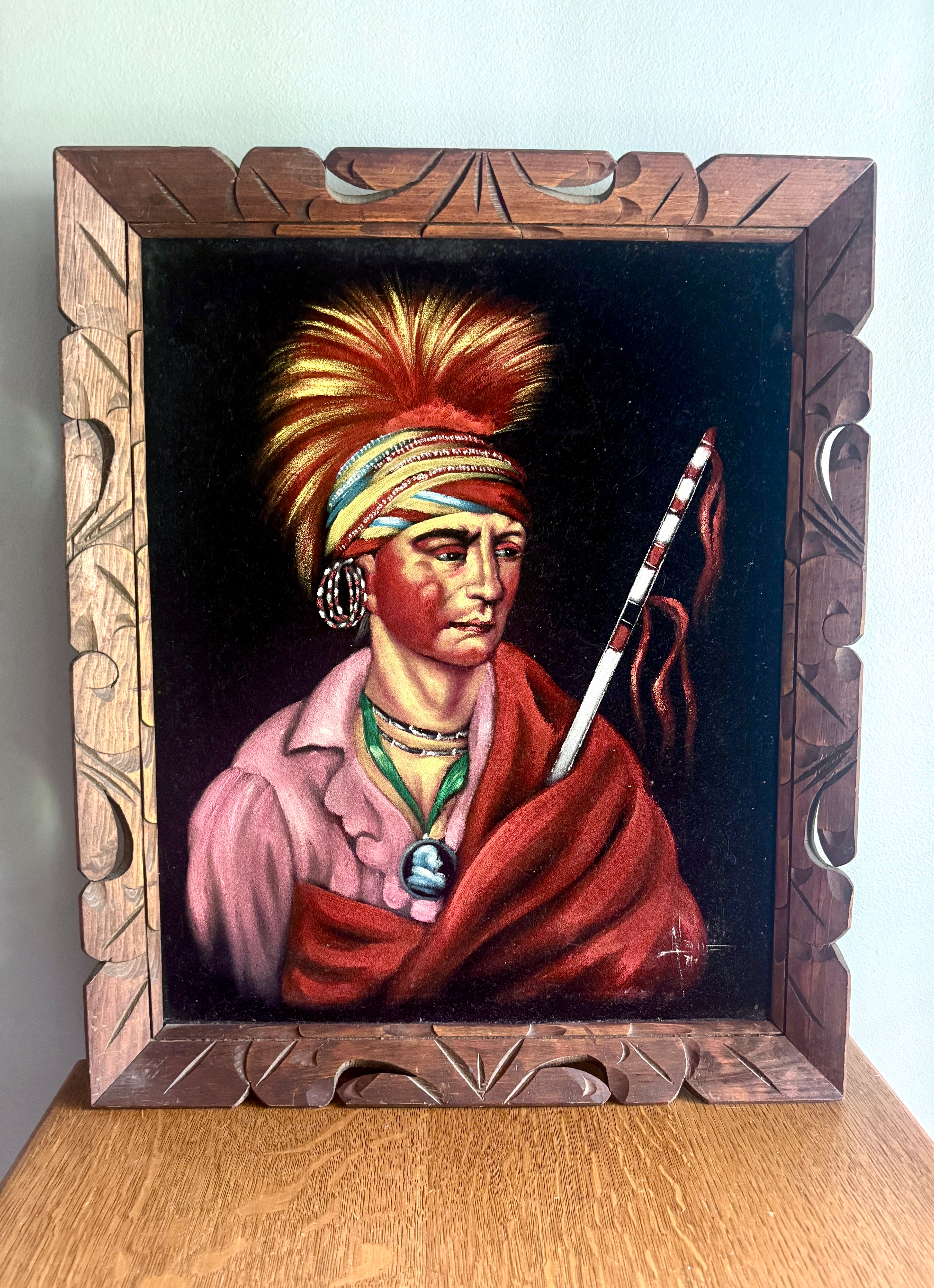 Vtg "No Heart" (Nan-che-ning-ga) Framed Velvet Painting ~ Ioway Chief Velvet Painting
