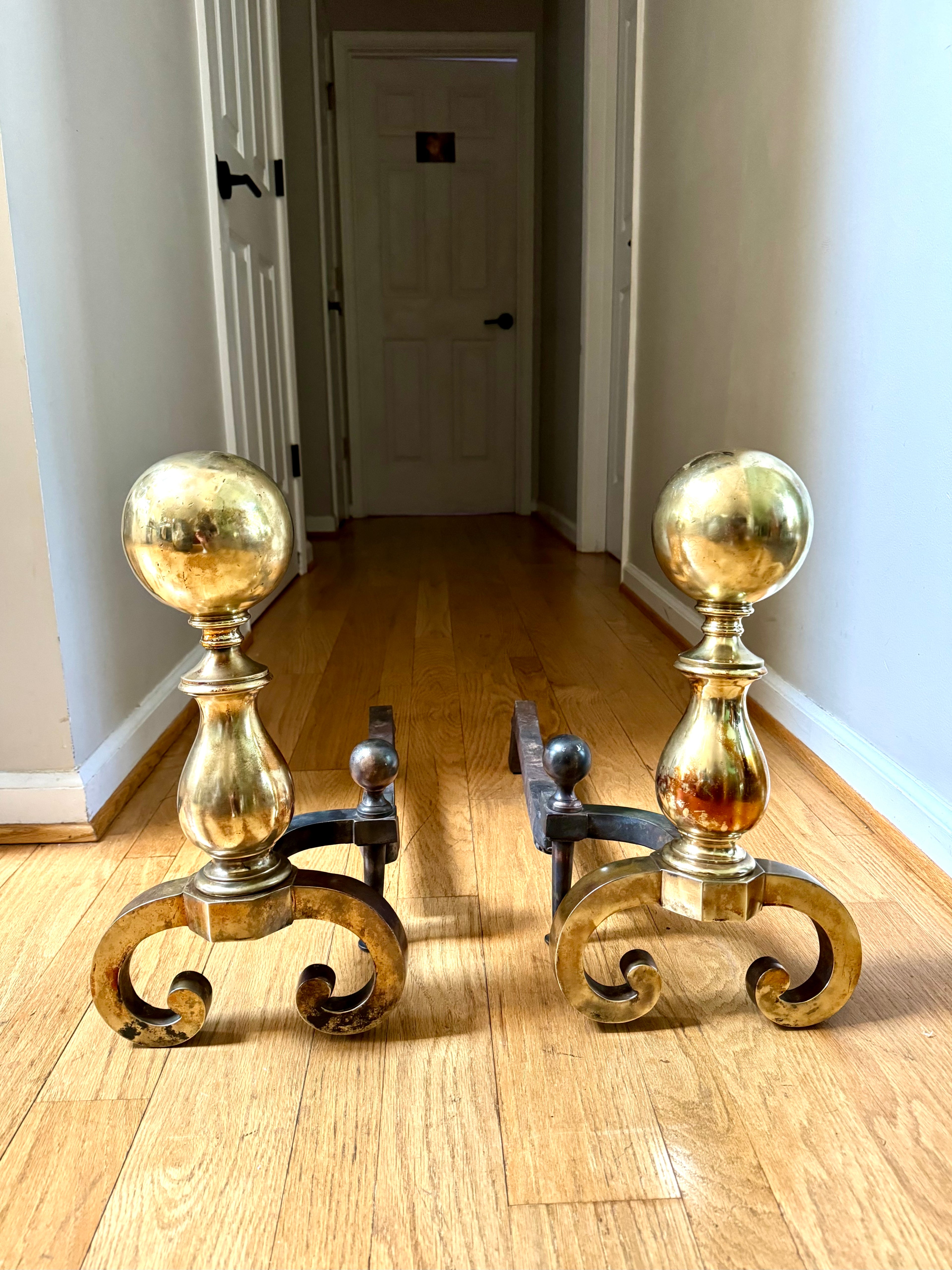 Antique Brass and Cast Iron Andirons | Distressed Brass Cannonball Andirons | Pair Of Rustic Andirons | Patina Brass Firedogs |