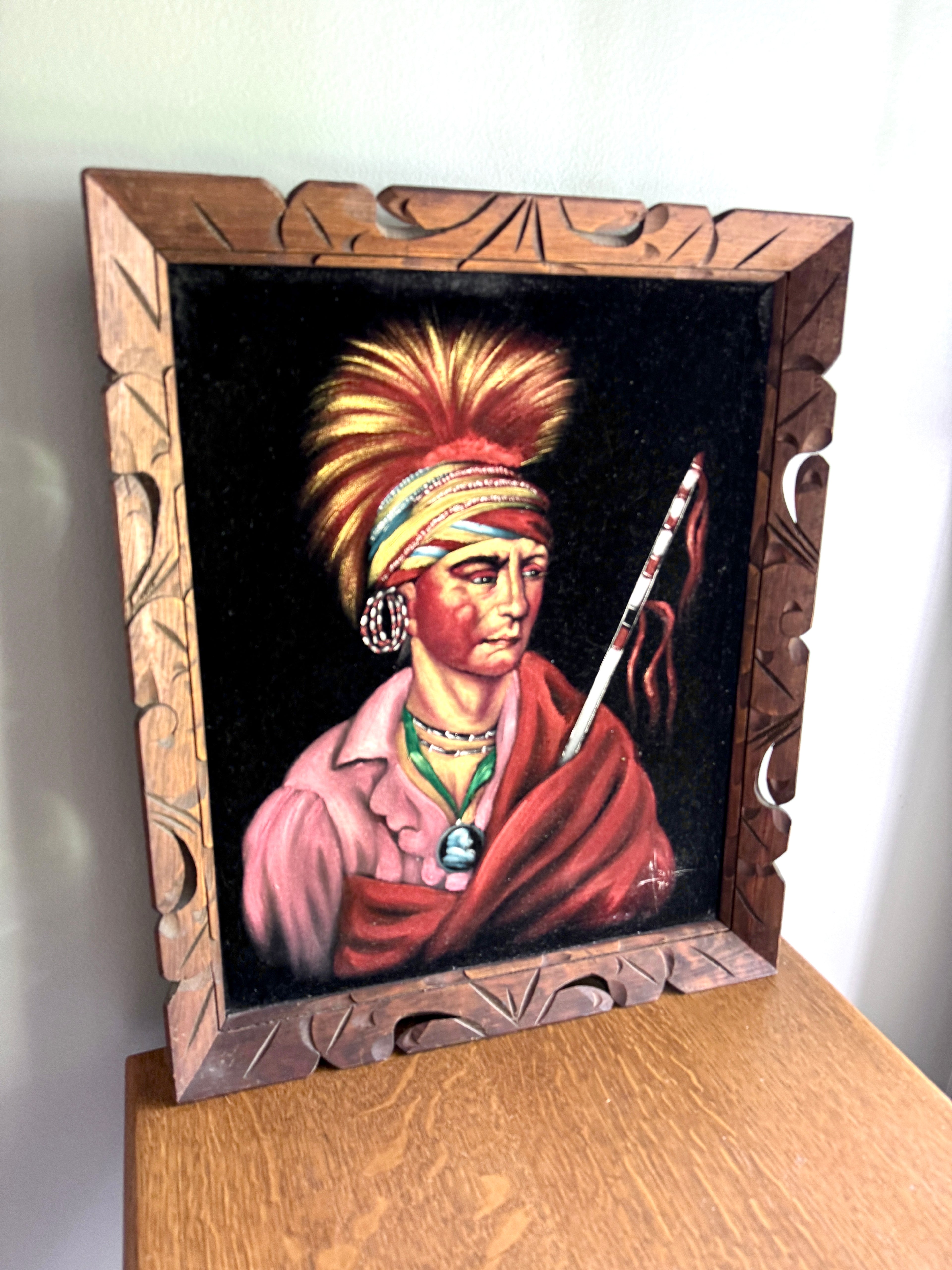 Vtg "No Heart" (Nan-che-ning-ga) Framed Velvet Painting ~ Ioway Chief Velvet Painting