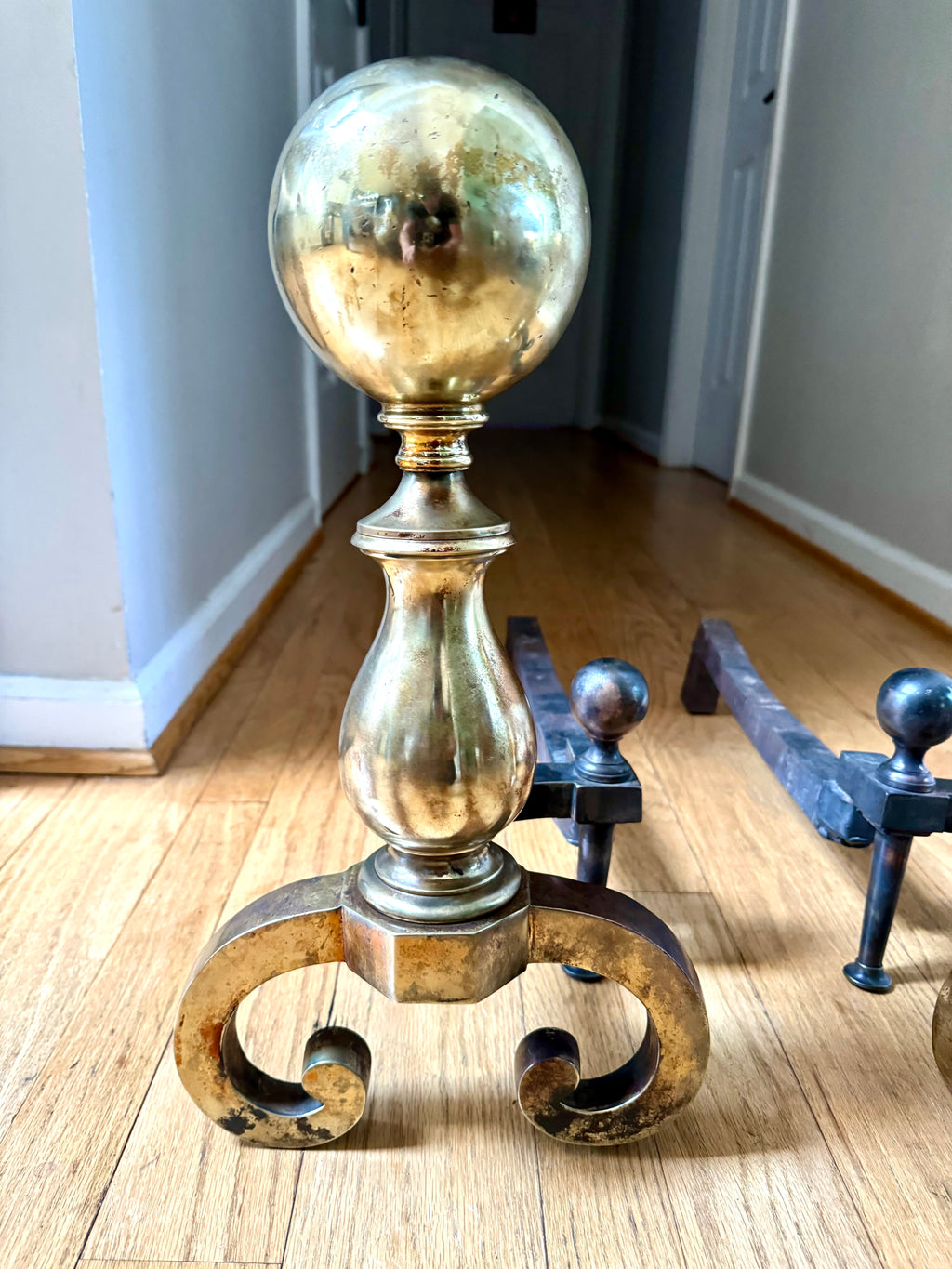 Antique Brass and Cast Iron Andirons | Distressed Brass Cannonball Andirons | Pair Of Rustic Andirons | Patina Brass Firedogs |