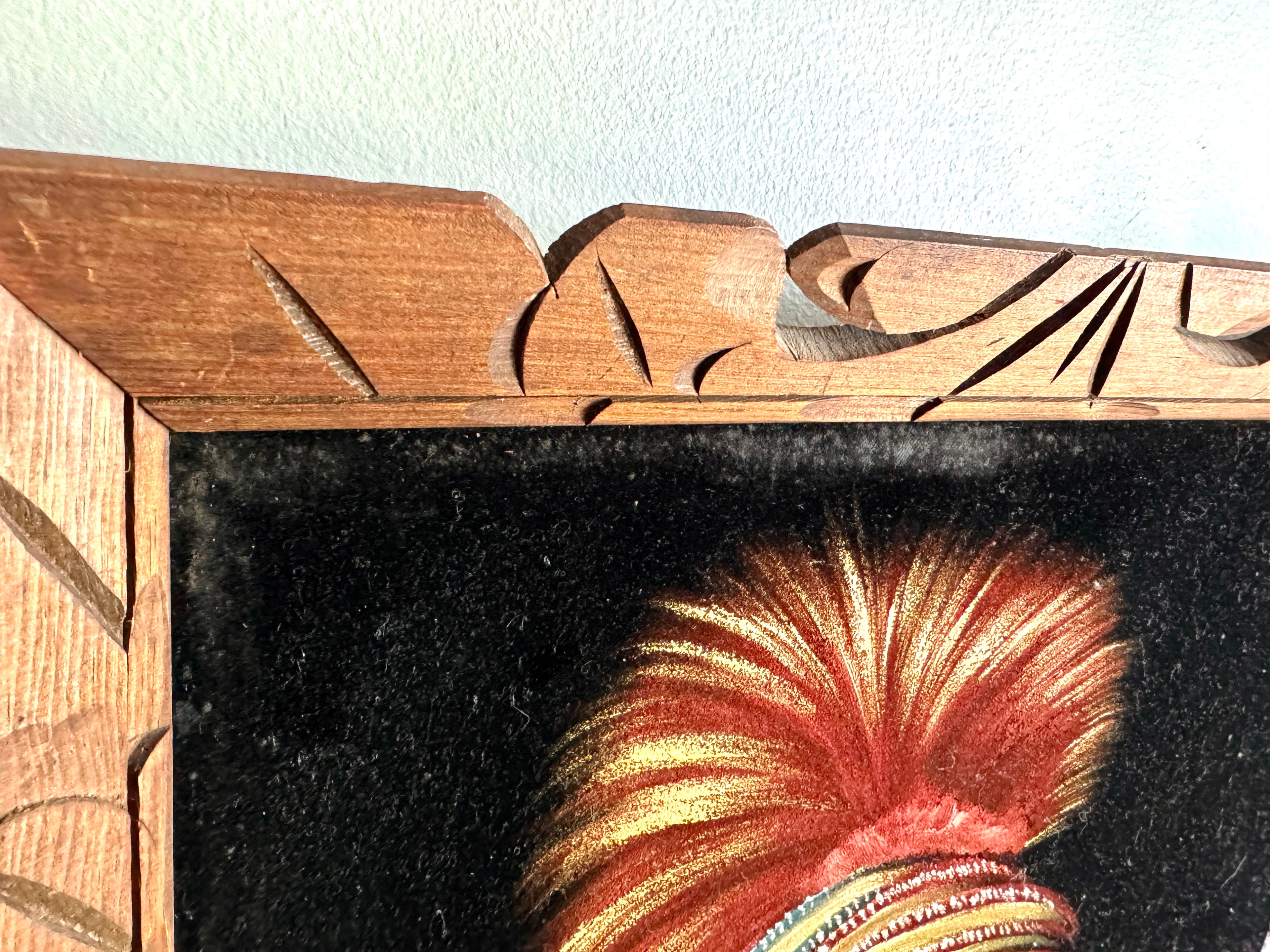 Vtg "No Heart" (Nan-che-ning-ga) Framed Velvet Painting ~ Ioway Chief Velvet Painting