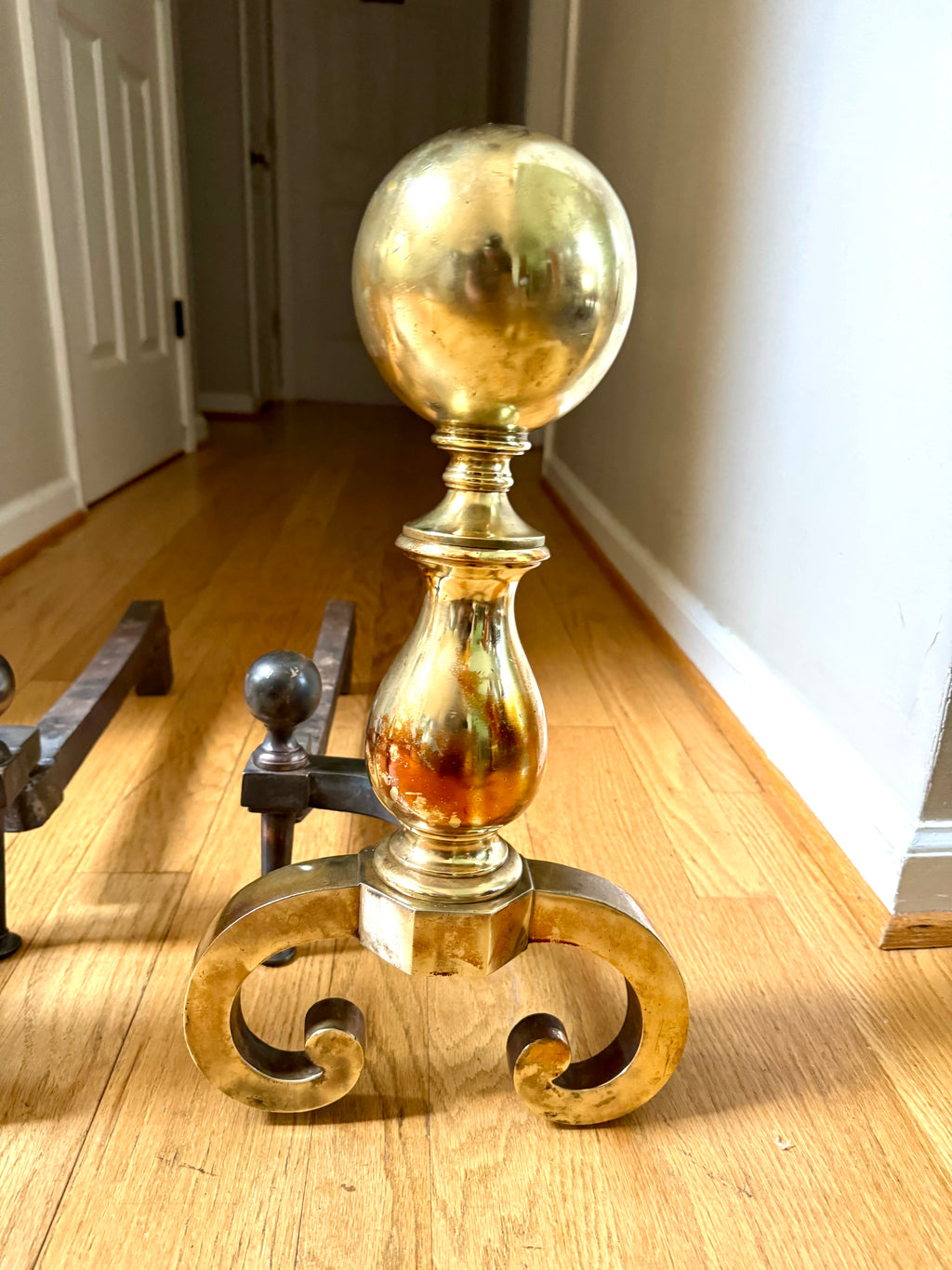 Antique Brass and Cast Iron Andirons | Distressed Brass Cannonball Andirons | Pair Of Rustic Andirons | Patina Brass Firedogs |