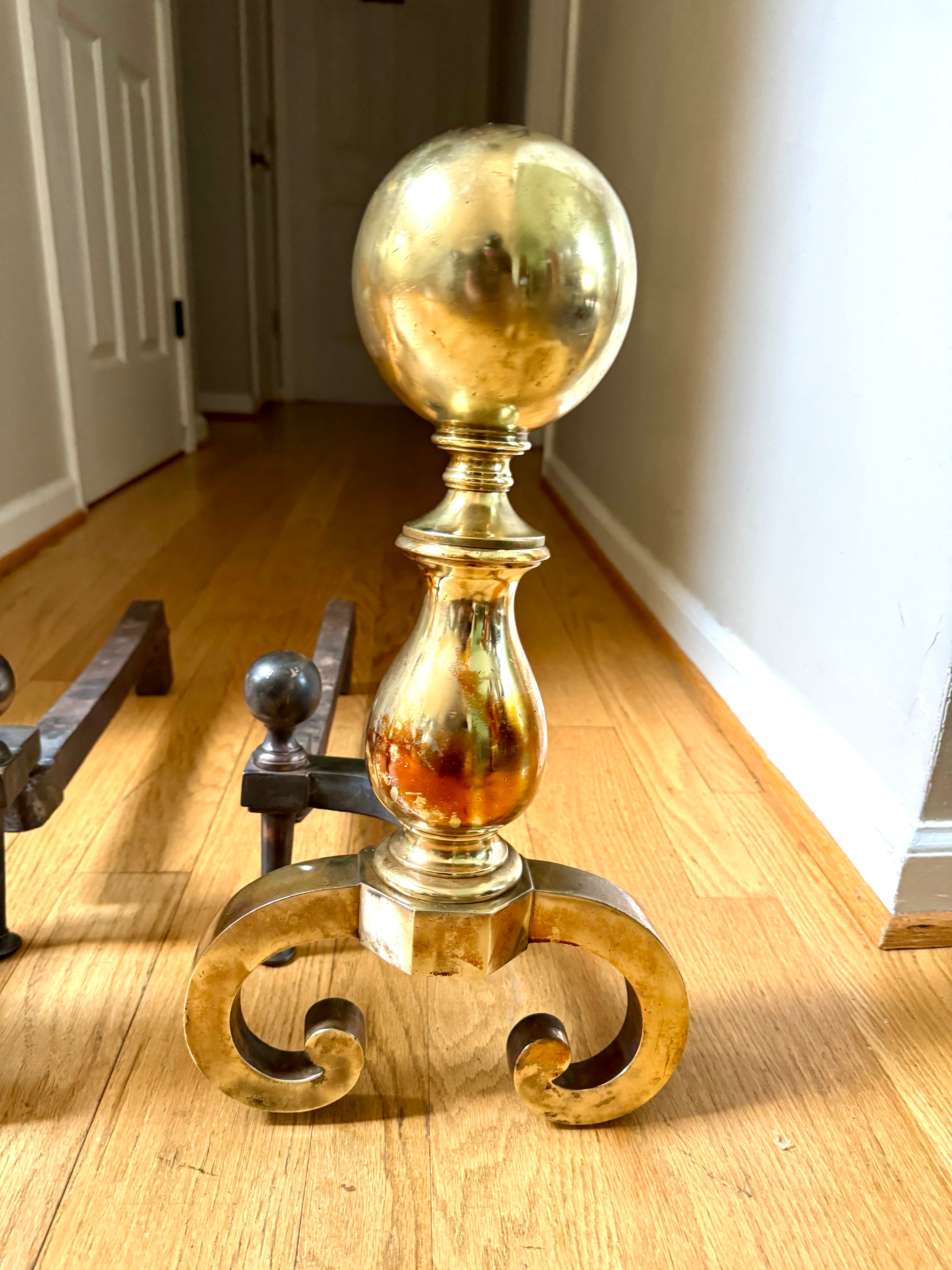 Antique Brass and Cast Iron Andirons | Distressed Brass Cannonball Andirons | Pair Of Rustic Andirons | Patina Brass Firedogs |