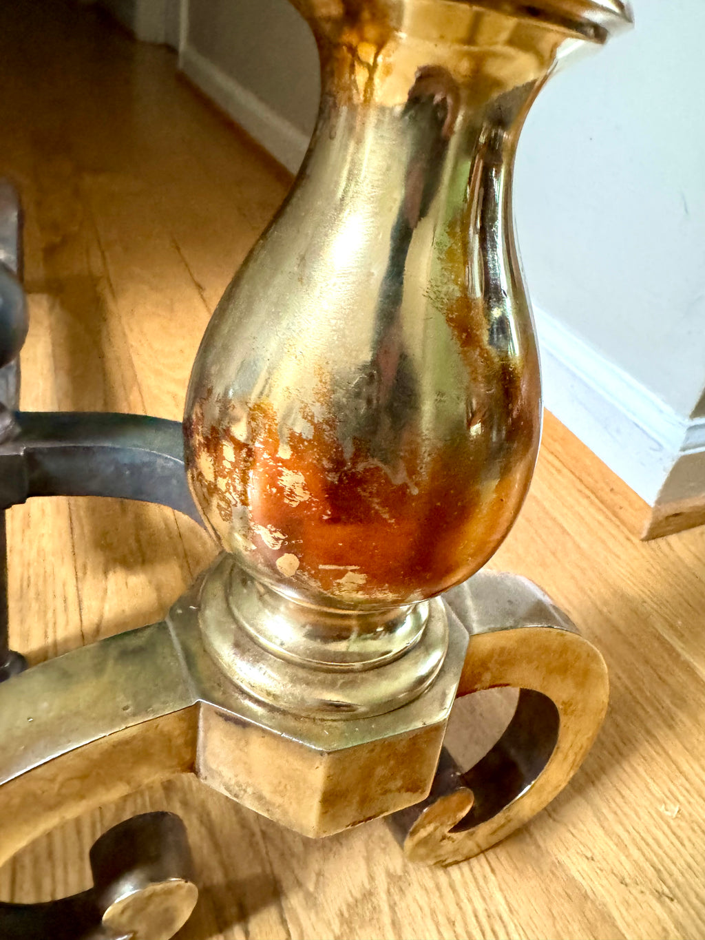 Antique Brass and Cast Iron Andirons | Distressed Brass Cannonball Andirons | Pair Of Rustic Andirons | Patina Brass Firedogs |