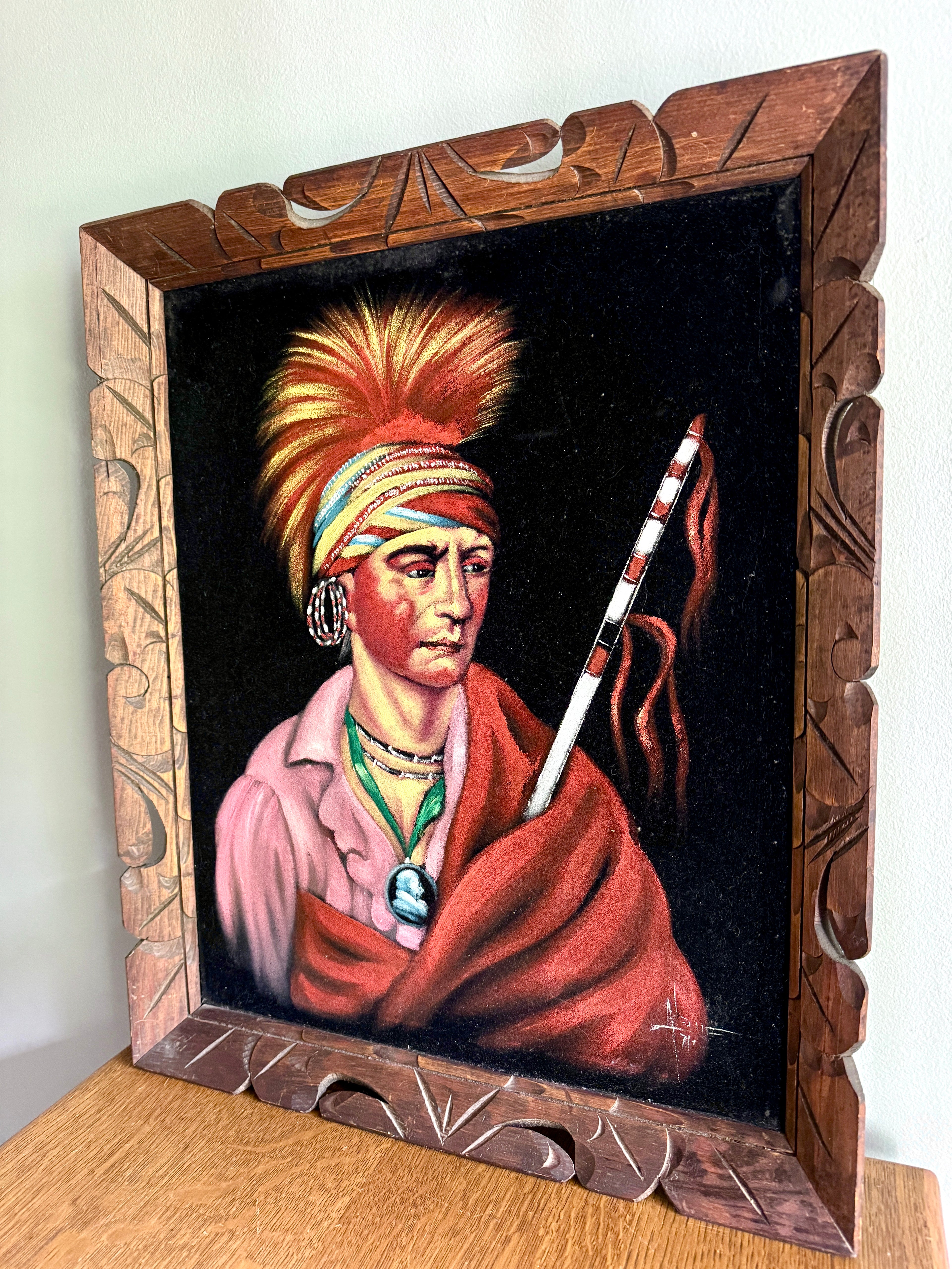 Vtg "No Heart" (Nan-che-ning-ga) Framed Velvet Painting ~ Ioway Chief Velvet Painting