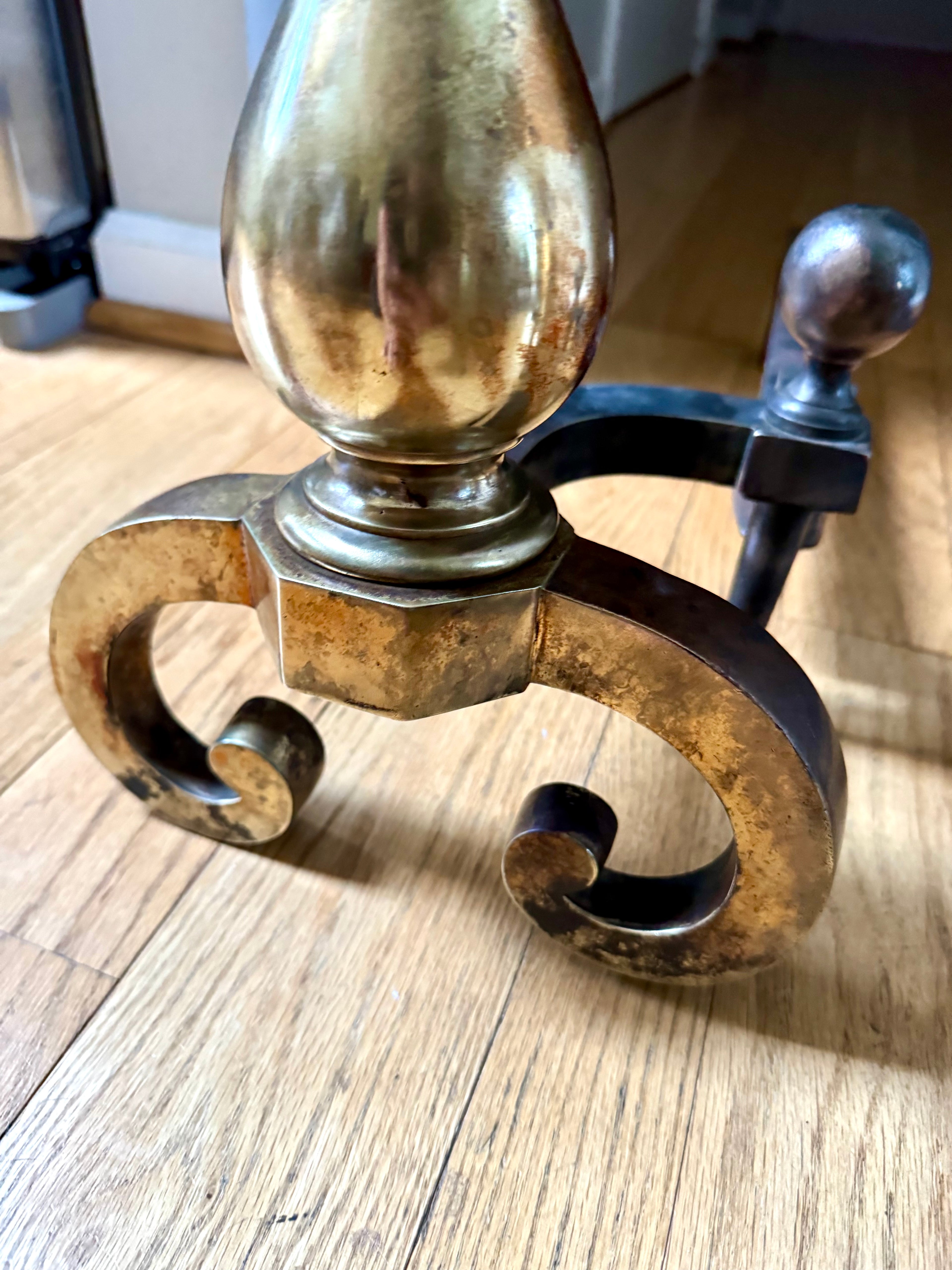 Antique Brass and Cast Iron Andirons | Distressed Brass Cannonball Andirons | Pair Of Rustic Andirons | Patina Brass Firedogs |