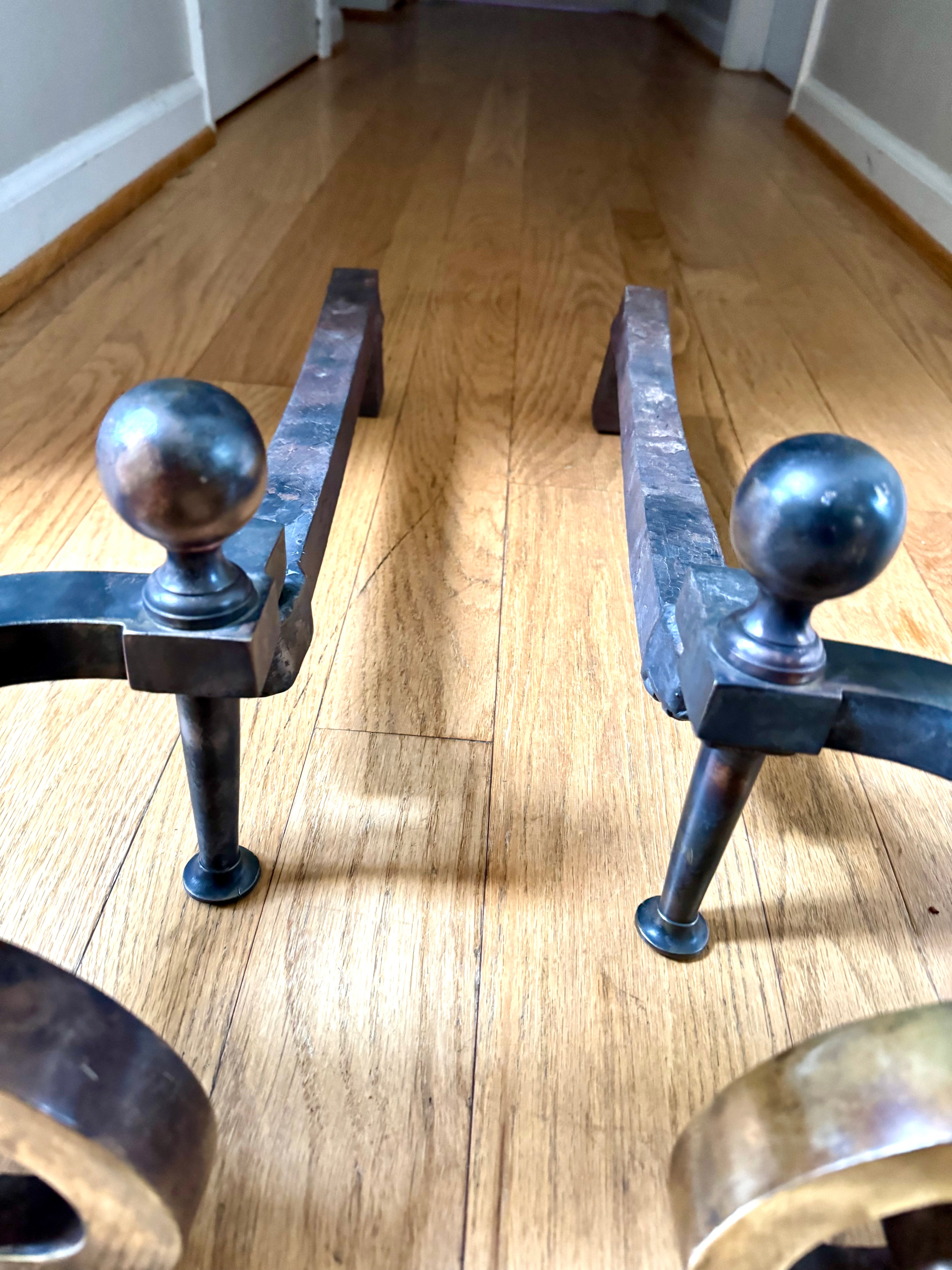 Antique Brass and Cast Iron Andirons | Distressed Brass Cannonball Andirons | Pair Of Rustic Andirons | Patina Brass Firedogs |