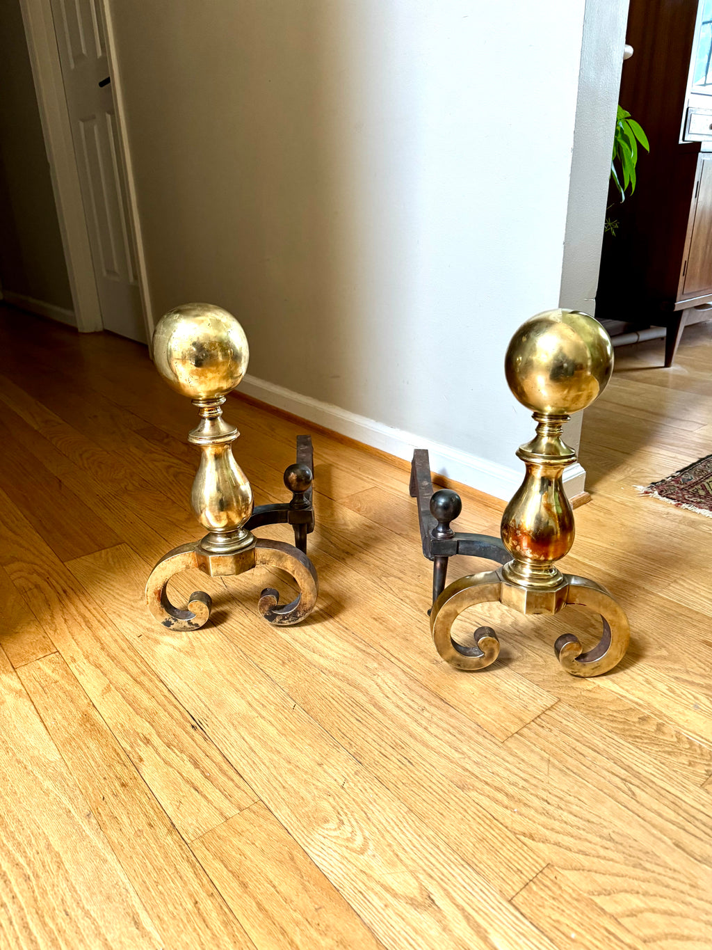 Antique Brass and Cast Iron Andirons | Distressed Brass Cannonball Andirons | Pair Of Rustic Andirons | Patina Brass Firedogs |