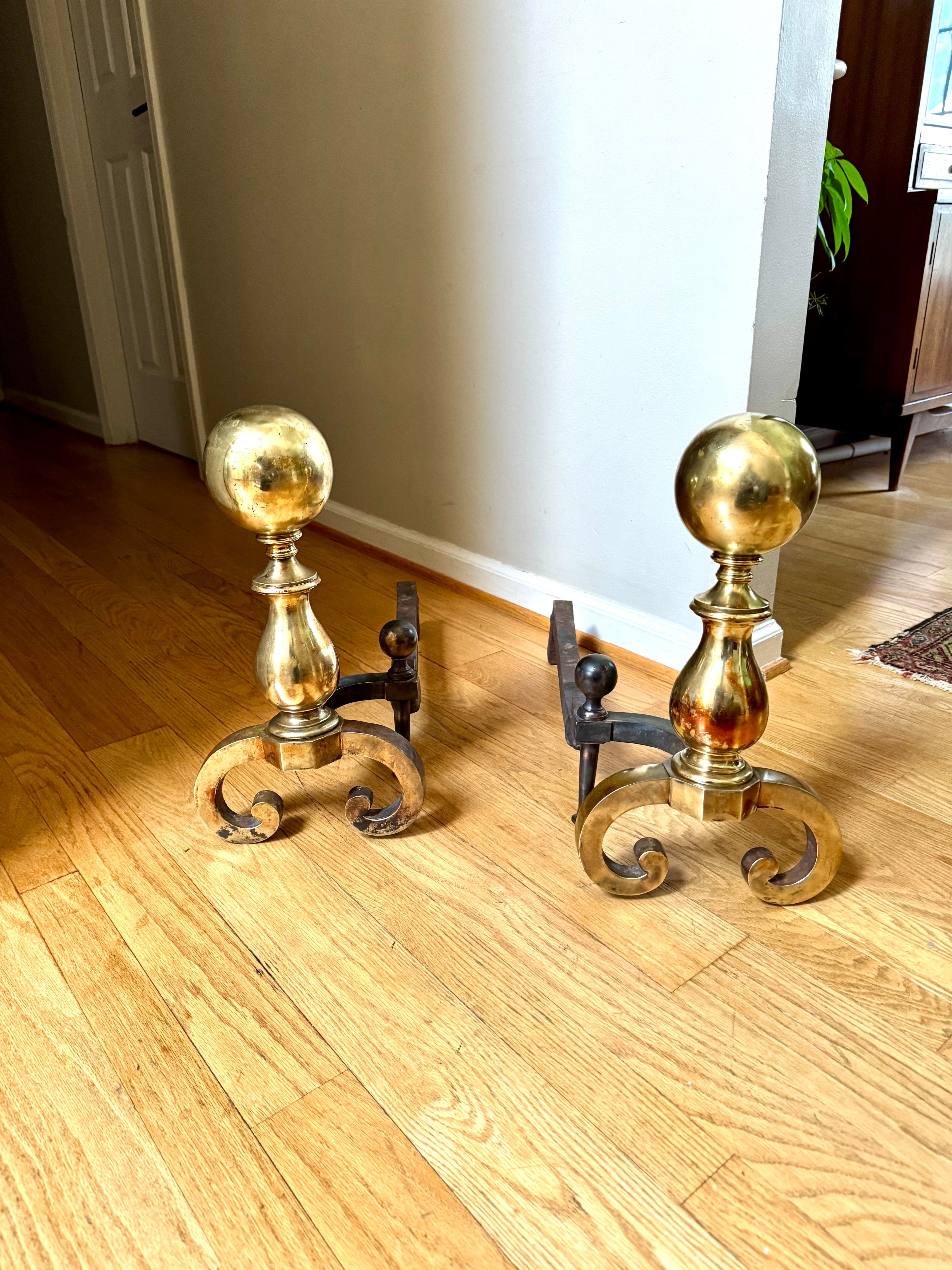 Antique Brass and Cast Iron Andirons | Distressed Brass Cannonball Andirons | Pair Of Rustic Andirons | Patina Brass Firedogs |