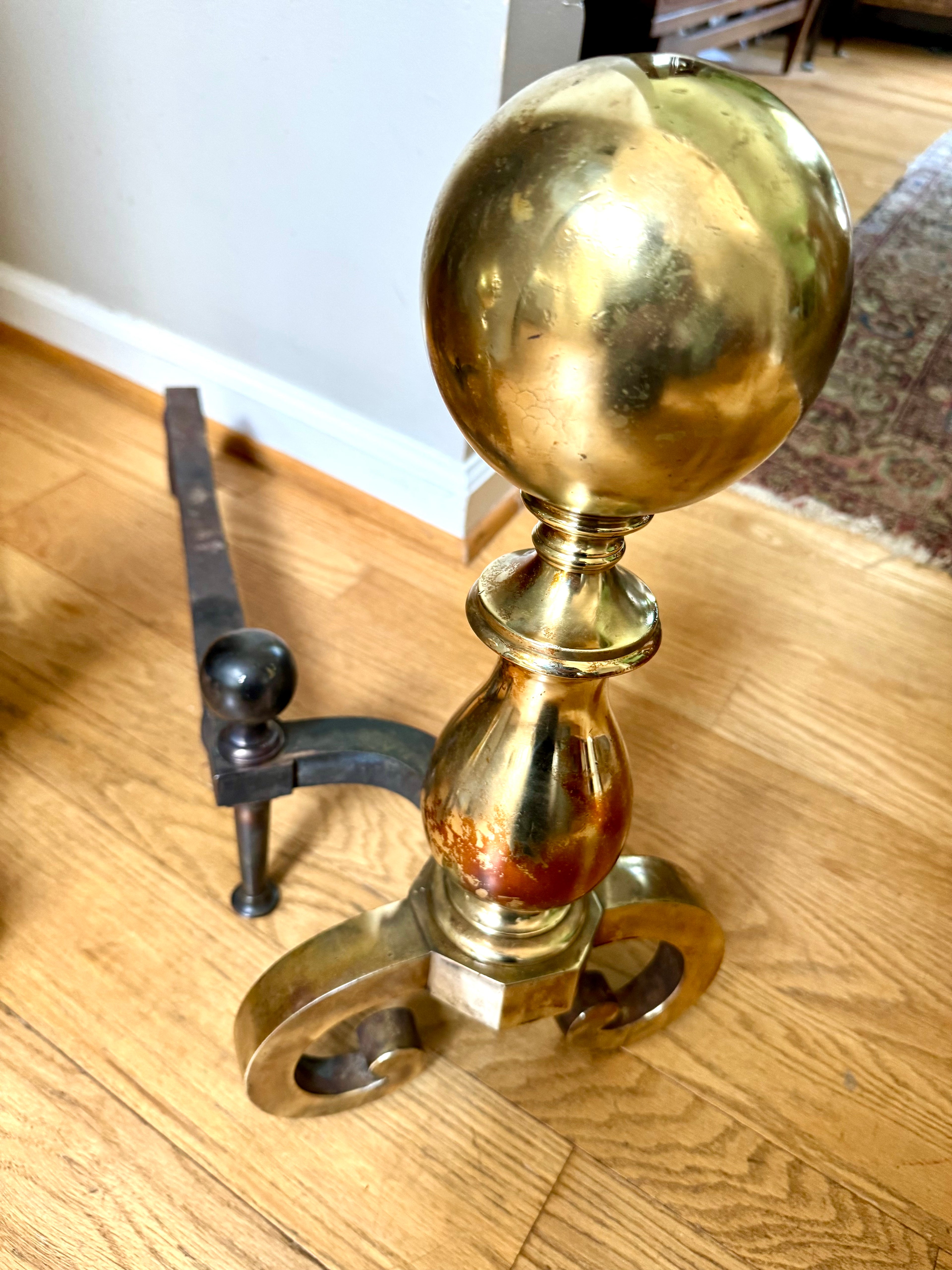 Antique Brass and Cast Iron Andirons | Distressed Brass Cannonball Andirons | Pair Of Rustic Andirons | Patina Brass Firedogs |
