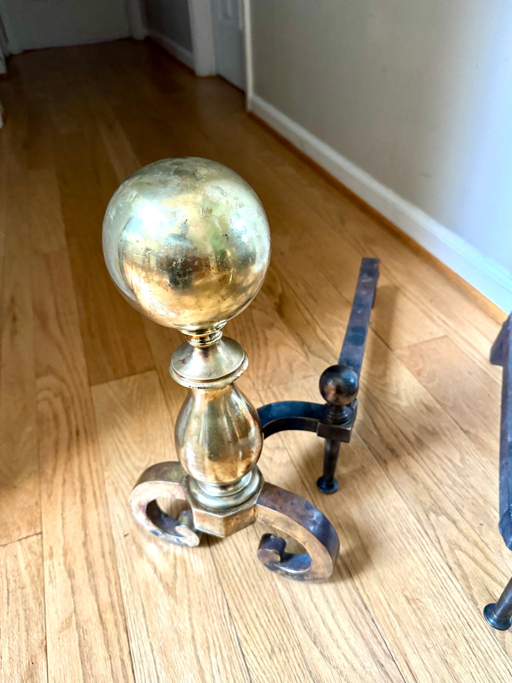 Antique Brass and Cast Iron Andirons | Distressed Brass Cannonball Andirons | Pair Of Rustic Andirons | Patina Brass Firedogs |