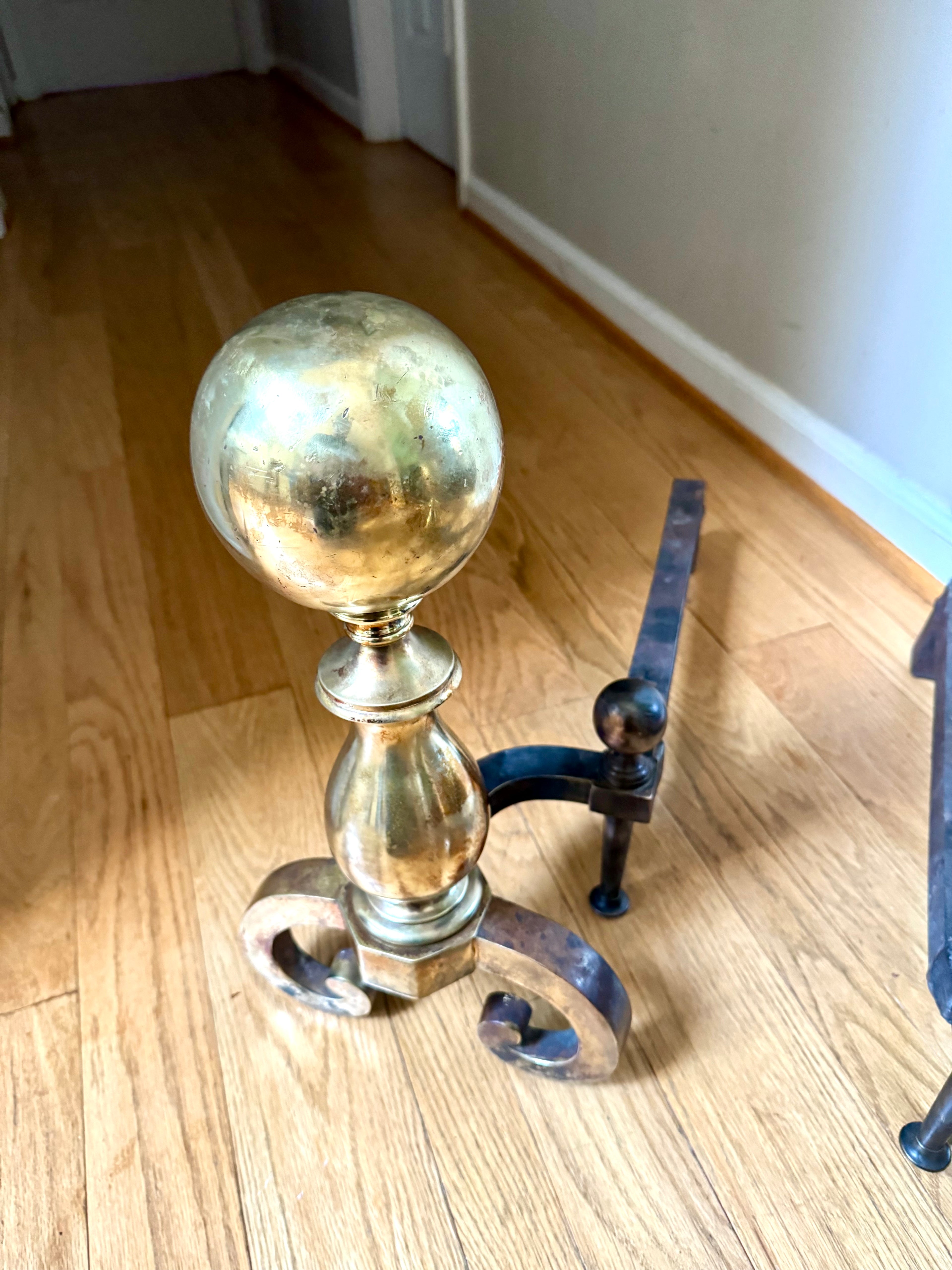 Antique Brass and Cast Iron Andirons | Distressed Brass Cannonball Andirons | Pair Of Rustic Andirons | Patina Brass Firedogs |