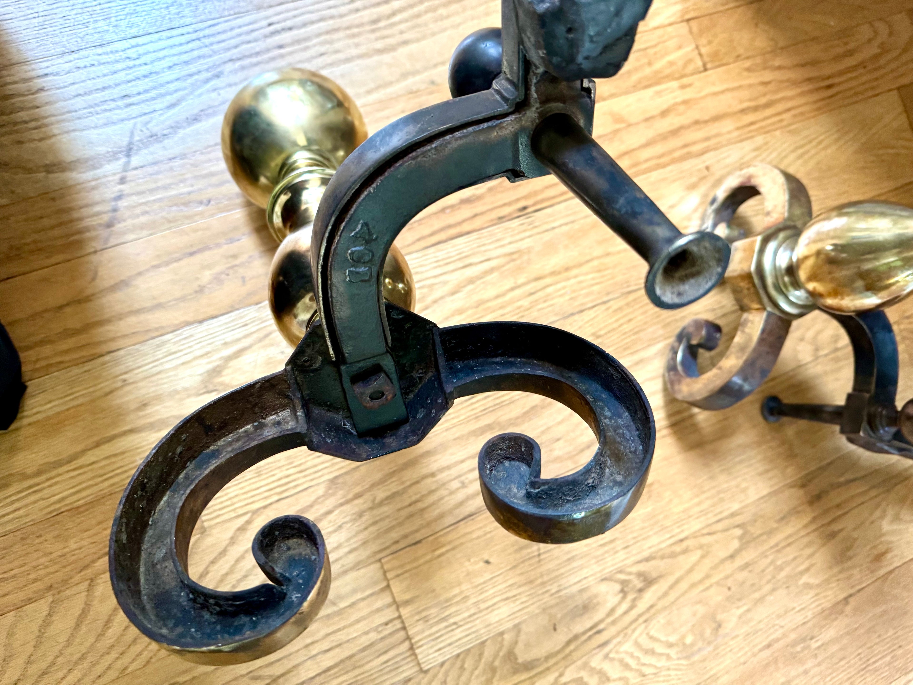 Antique Brass and Cast Iron Andirons | Distressed Brass Cannonball Andirons | Pair Of Rustic Andirons | Patina Brass Firedogs |