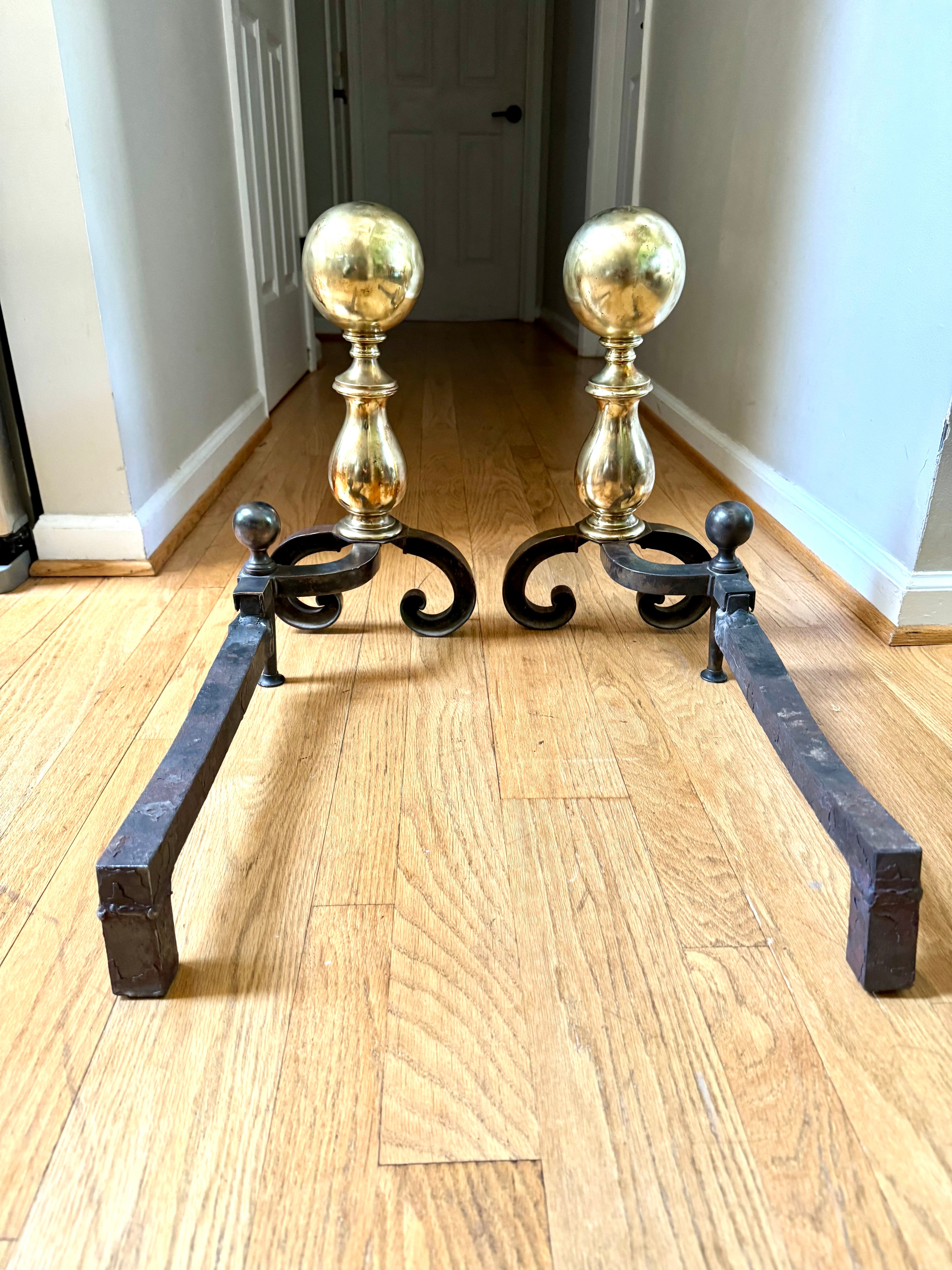 Antique Brass and Cast Iron Andirons | Distressed Brass Cannonball Andirons | Pair Of Rustic Andirons | Patina Brass Firedogs |