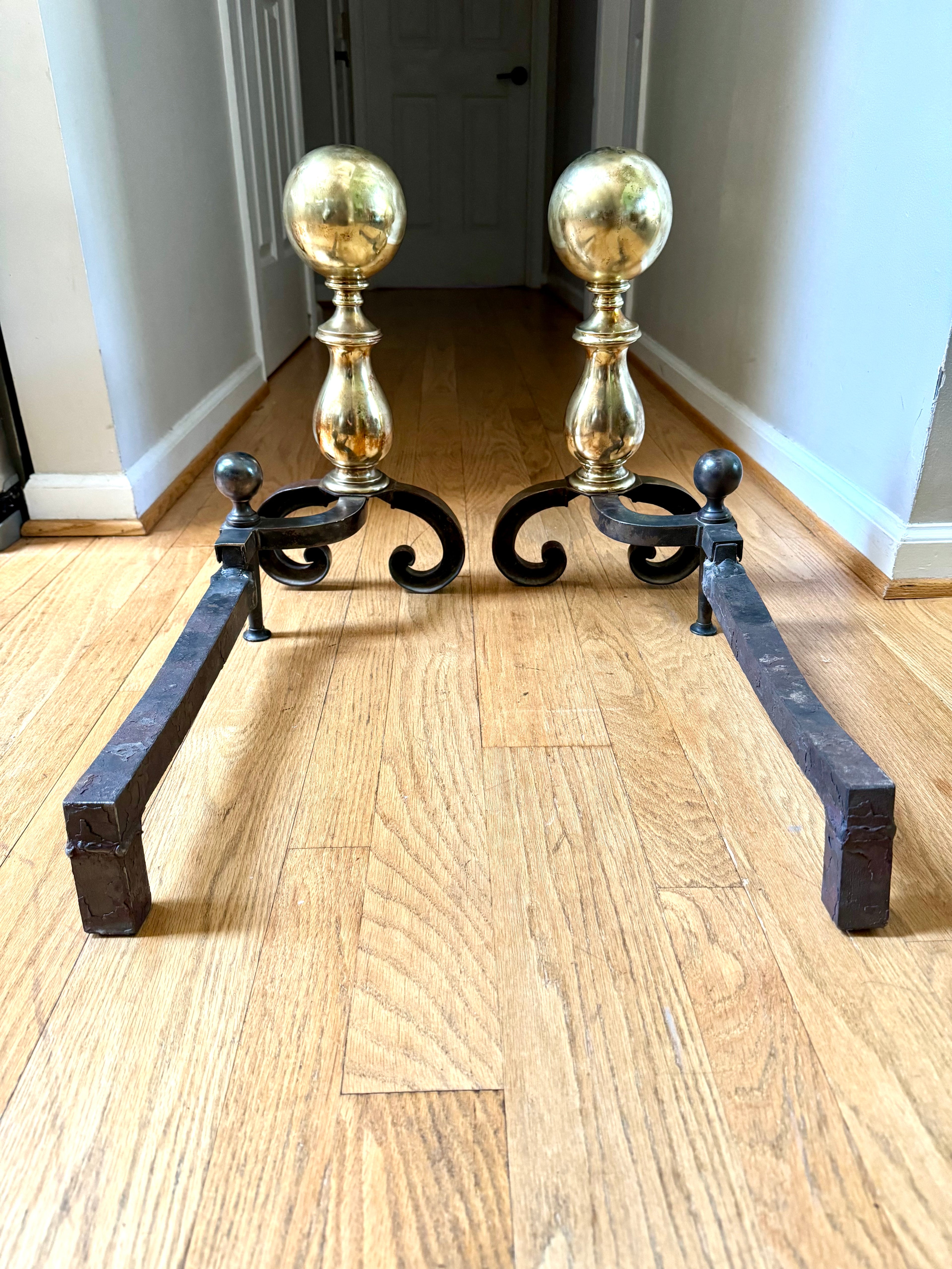 Antique Brass and Cast Iron Andirons | Distressed Brass Cannonball Andirons | Pair Of Rustic Andirons | Patina Brass Firedogs |