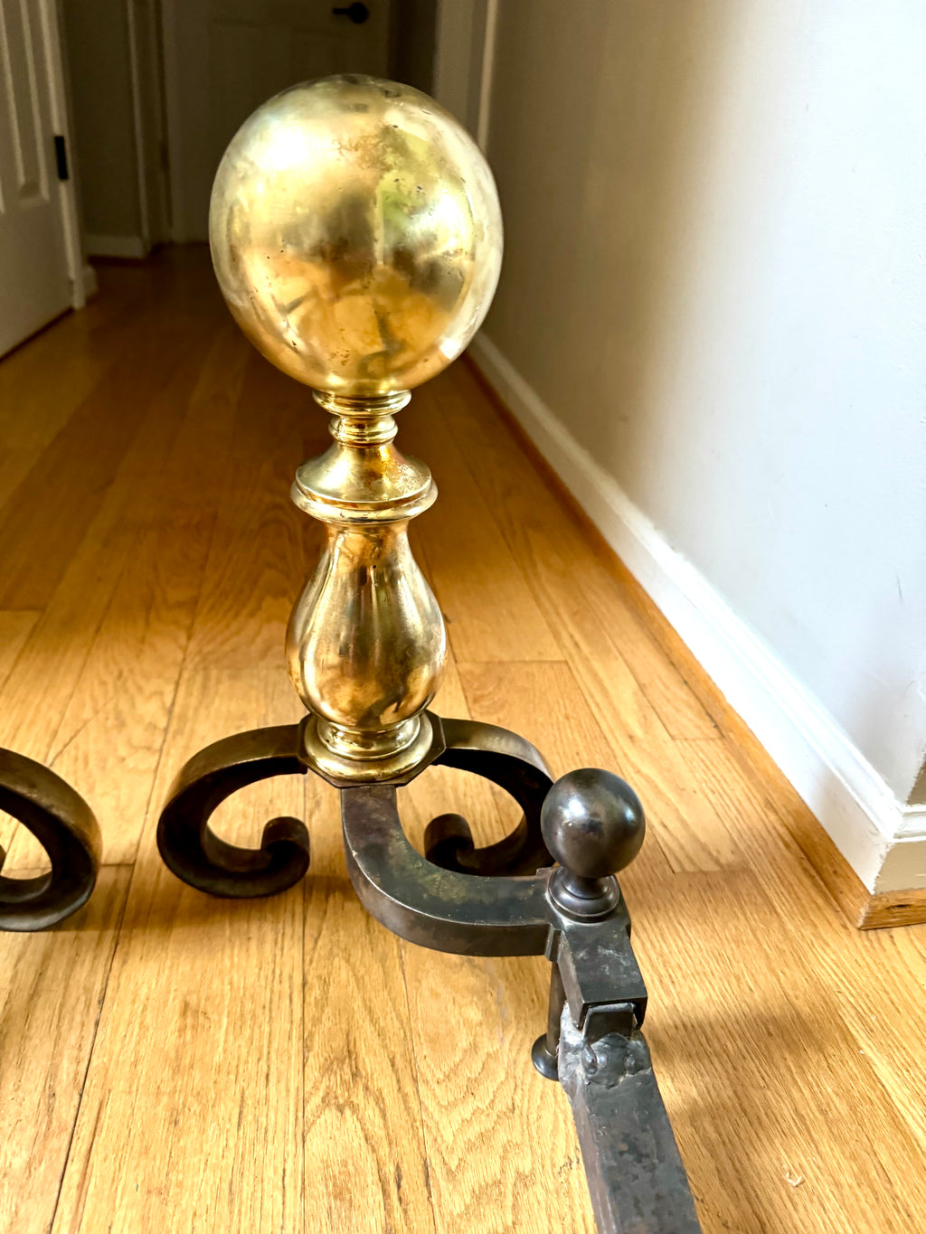 Antique Brass and Cast Iron Andirons | Distressed Brass Cannonball Andirons | Pair Of Rustic Andirons | Patina Brass Firedogs |