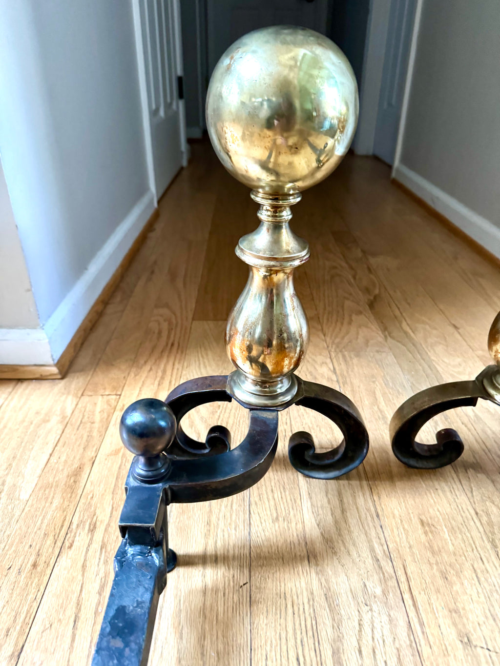 Antique Brass and Cast Iron Andirons | Distressed Brass Cannonball Andirons | Pair Of Rustic Andirons | Patina Brass Firedogs |