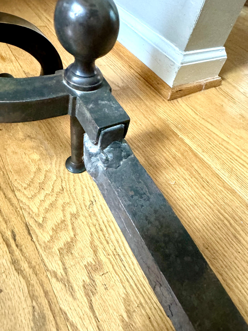 Antique Brass and Cast Iron Andirons | Distressed Brass Cannonball Andirons | Pair Of Rustic Andirons | Patina Brass Firedogs |