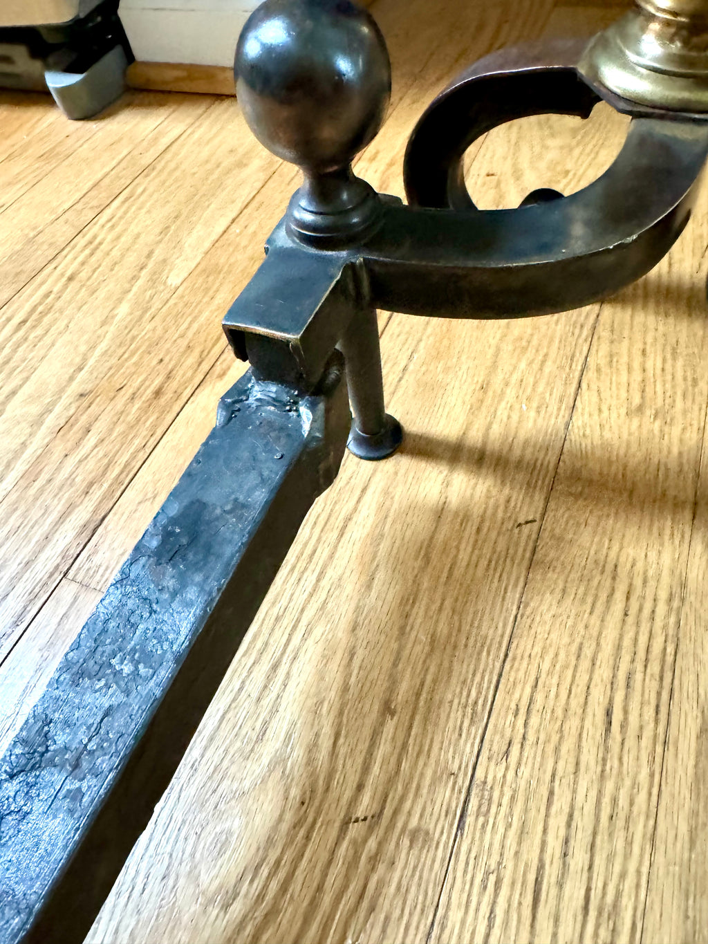 Antique Brass and Cast Iron Andirons | Distressed Brass Cannonball Andirons | Pair Of Rustic Andirons | Patina Brass Firedogs |