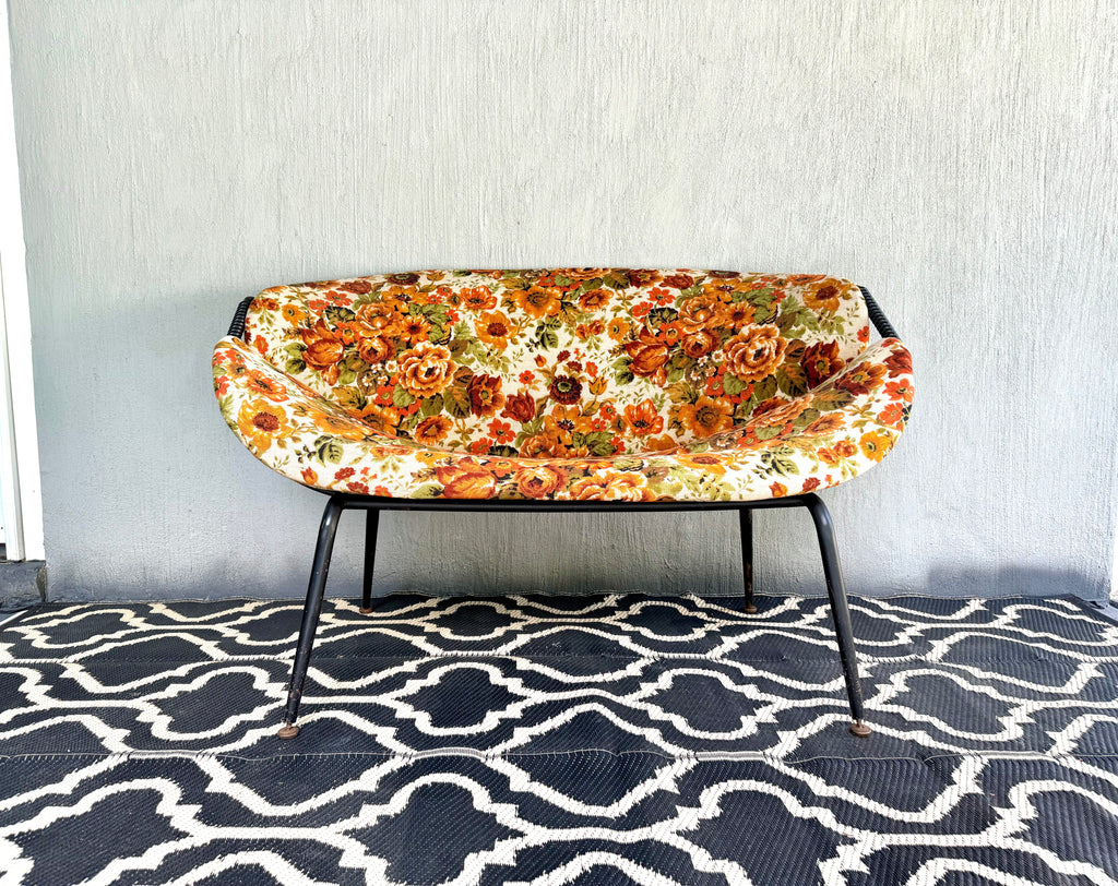 Mid Century Modern Small Couch | MCM Patio Loveseat | Floral Pattern Unique Small Couch | MCM Loveseat Project | Needs New Padding and Fabric